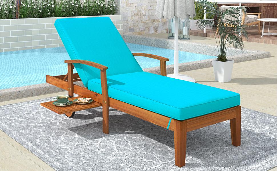 78.8" Outdoor Patio Solid Wood Chaise Lounge Reclining Daybed with Blue Cushion, Wheels and Sliding Cup Table