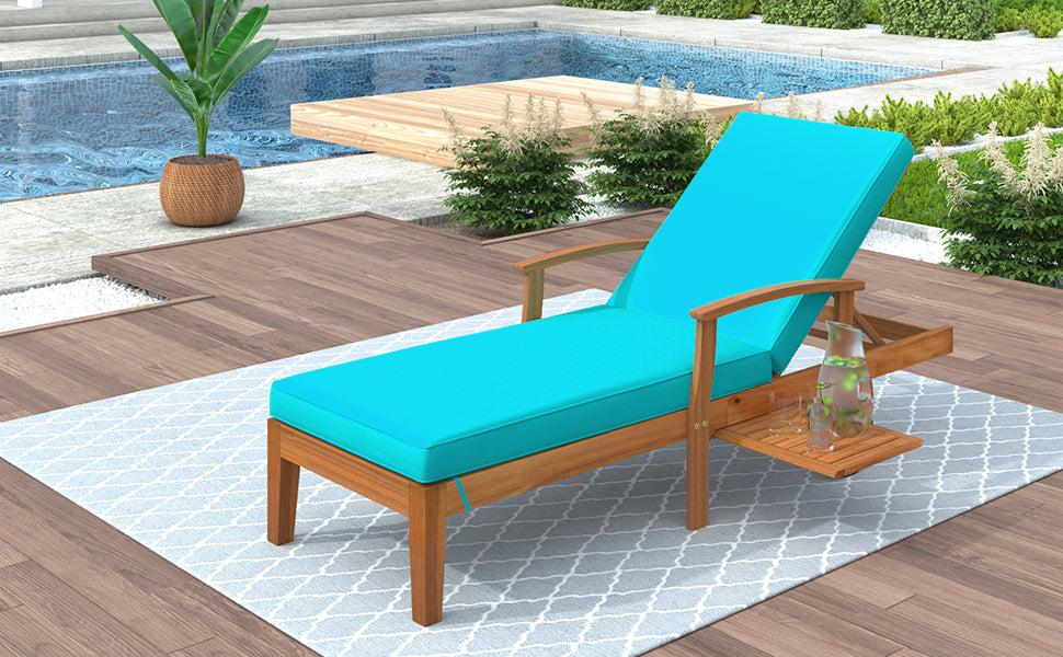 78.8" Outdoor Patio Solid Wood Chaise Lounge Reclining Daybed with Blue Cushion, Wheels and Sliding Cup Table