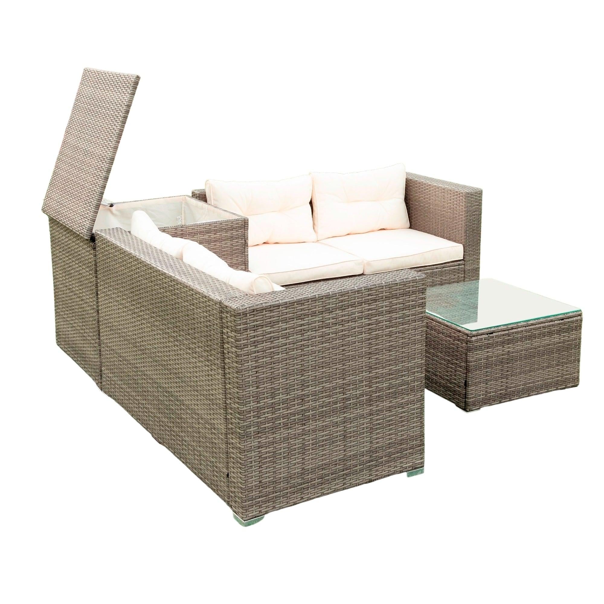 4 PCS Patio Sectional Wicker Rattan Outdoor Furniture Sofa Set withStorage Box and Creme Cushion