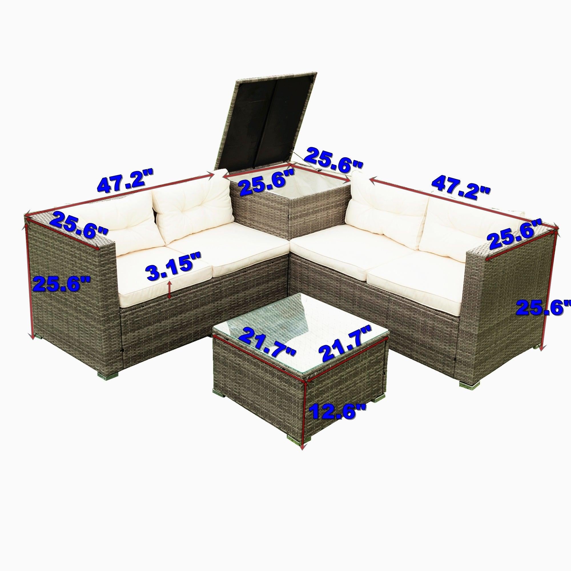 4 PCS Patio Sectional Wicker Rattan Outdoor Furniture Sofa Set withStorage Box and Creme Cushion