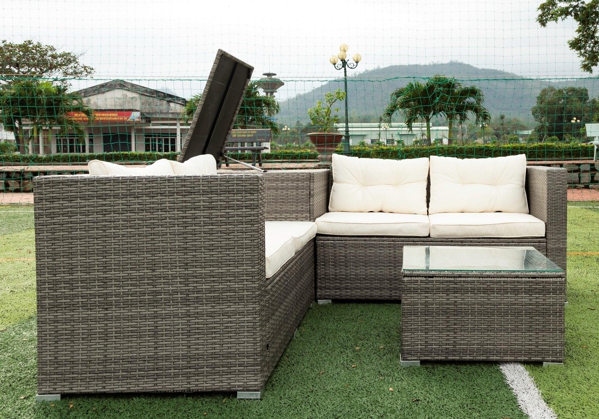 4 PCS Patio Sectional Wicker Rattan Outdoor Furniture Sofa Set withStorage Box and Creme Cushion