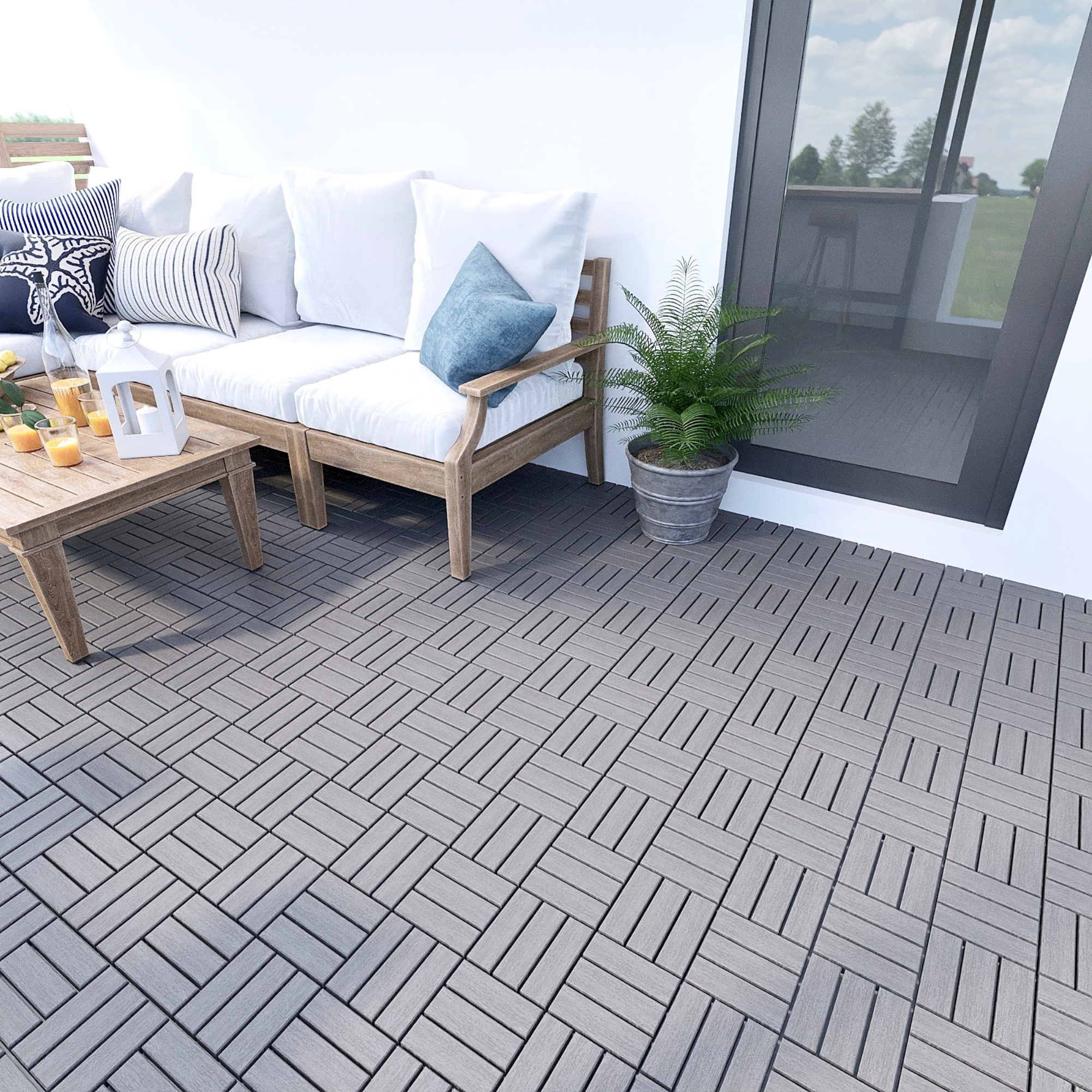 10 PCS Outdoor Light Gray Square Acacia Hardwood 12" x 12" Interlocking Deck Tiles Checker Pattern