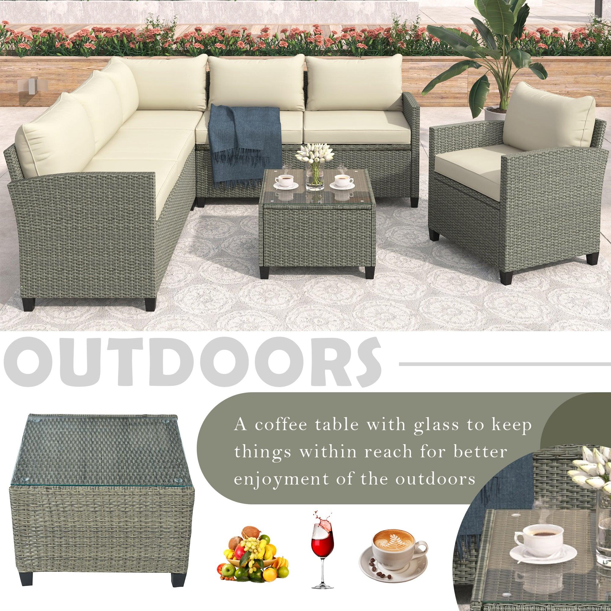 5 PCS Outdoor Patio Sectional Sofa Set with Coffee Table, Beige Cushions and Single Chair