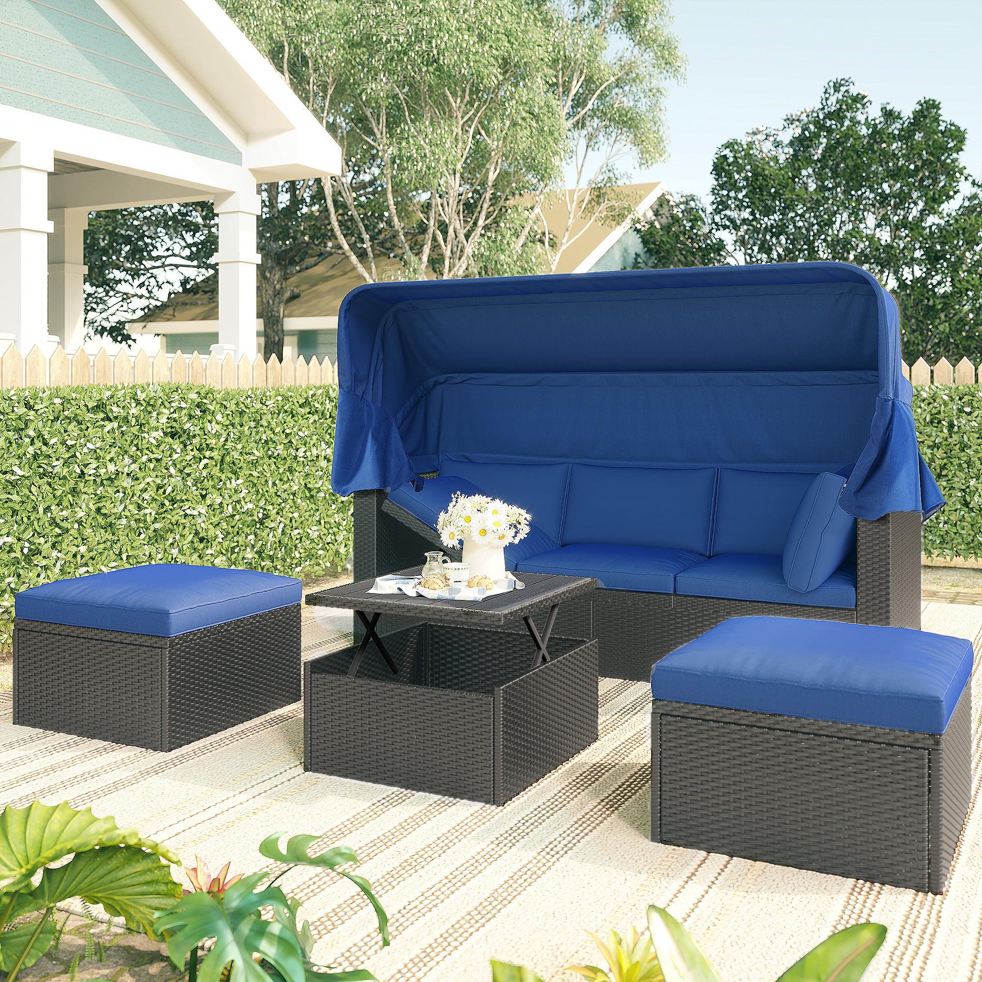 Outdoor Patio Wicker Rattan Rectangle Daybed and Adjustable Canopy with Lifted Table, Ottoman and Blue Cushion