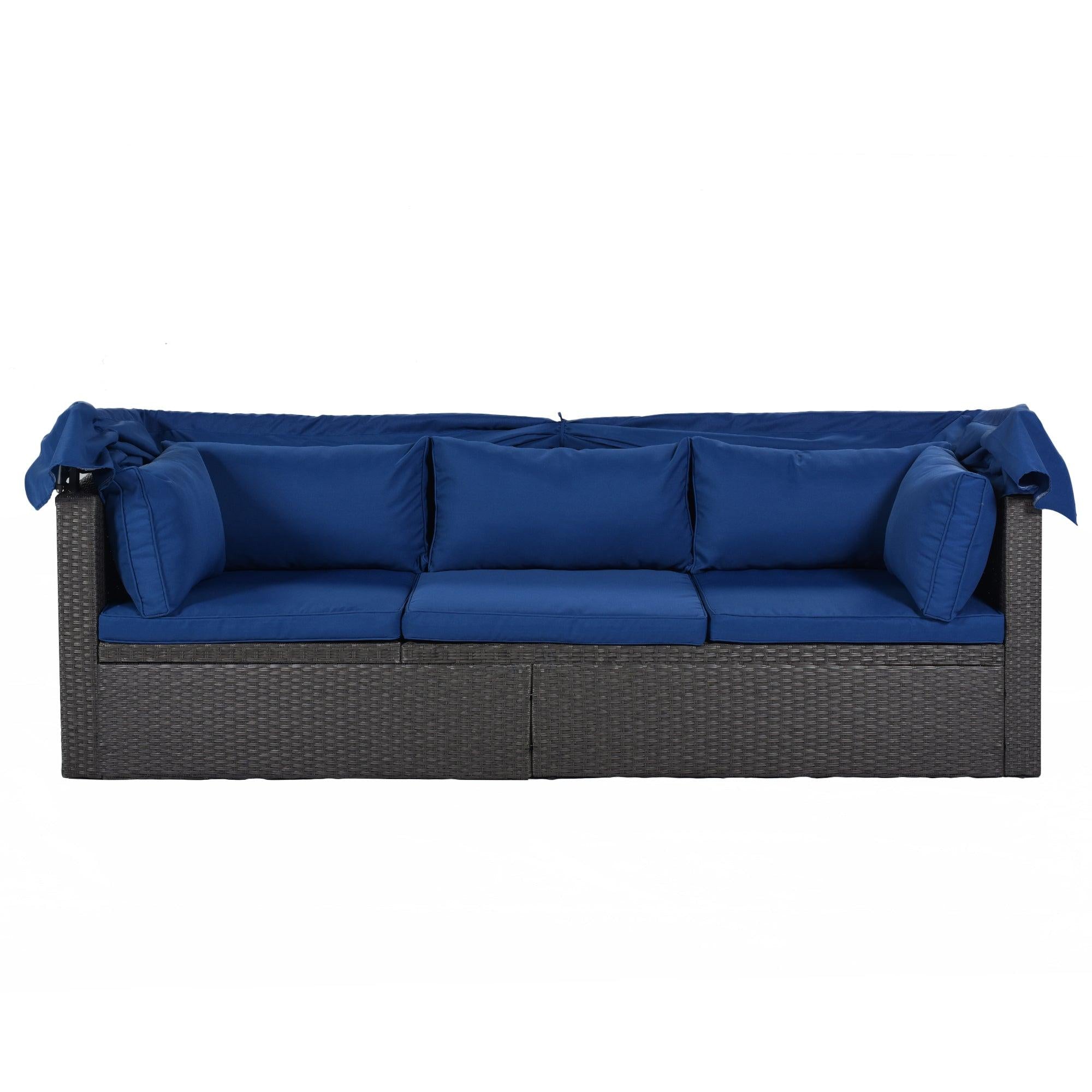 Outdoor Patio Wicker Rattan Rectangle Daybed and Adjustable Canopy with Lifted Table, Ottoman and Blue Cushion