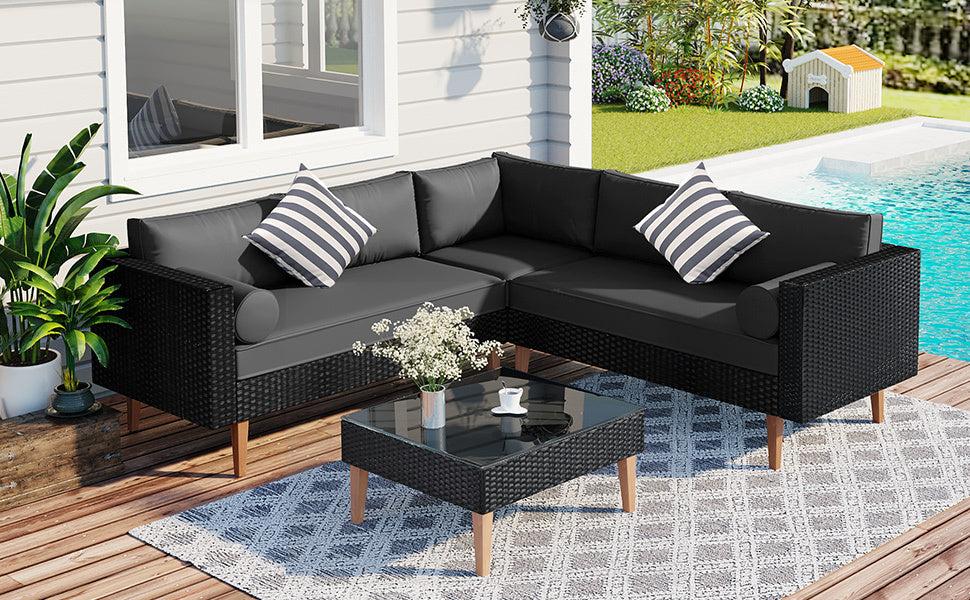 4 PCS Outdoor Patio Wicker Sectional L-shaped Sofa Set with Gray Cushions and Black Rattan