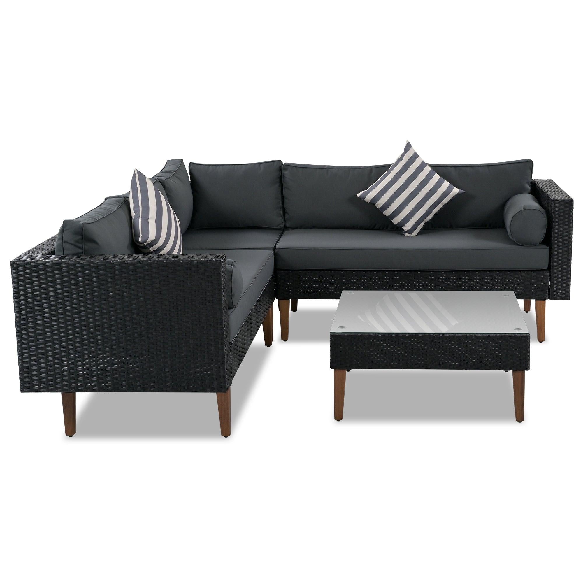 4 PCS Outdoor Patio Wicker Sectional L-shaped Sofa Set with Gray Cushions and Black Rattan