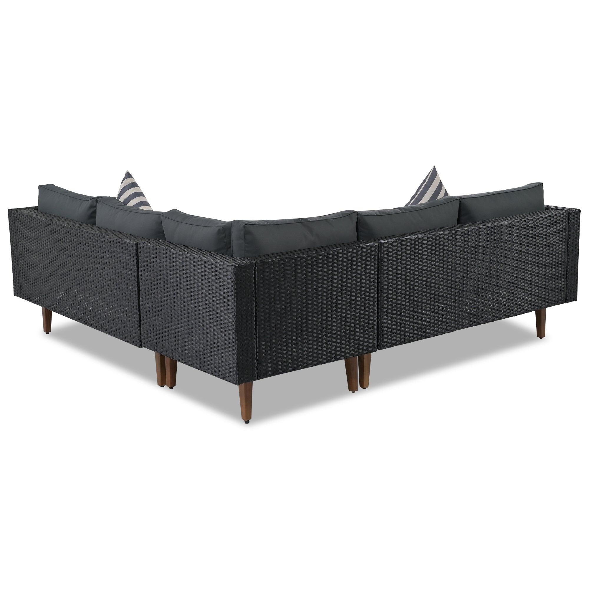 4 PCS Outdoor Patio Wicker Sectional L-shaped Sofa Set with Gray Cushions and Black Rattan