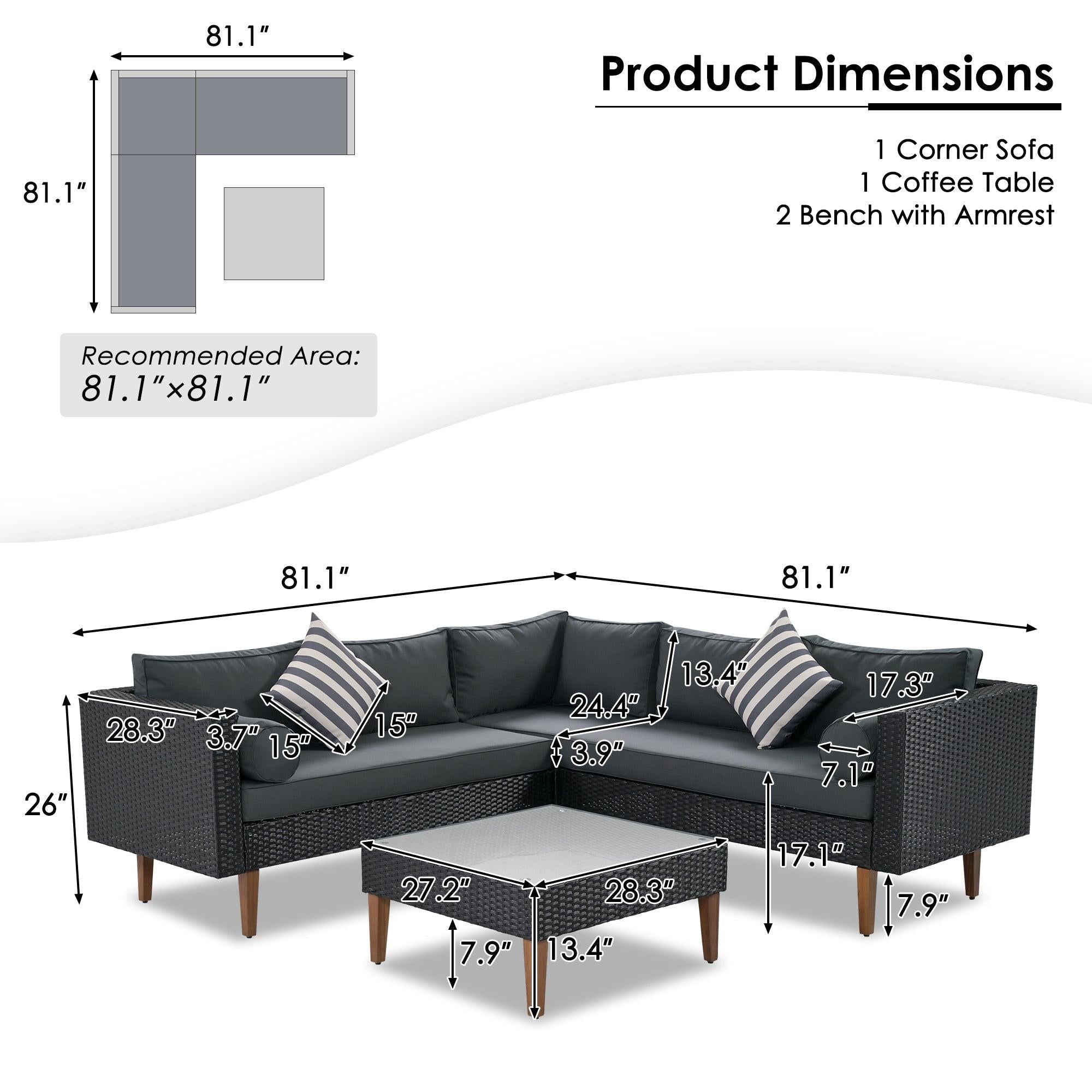 4 PCS Outdoor Patio Wicker Sectional L-shaped Sofa Set with Gray Cushions and Black Rattan