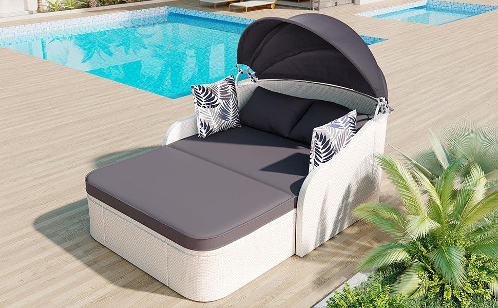 79.9" Outdoor Double Lounge Sunbed with Adjustable Canopy, White Wicker And Gray Cushion