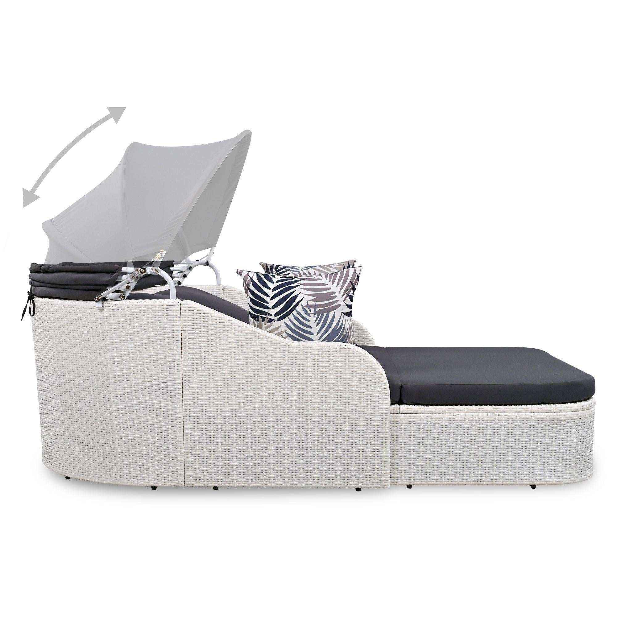 79.9" Outdoor Double Lounge Sunbed with Adjustable Canopy, White Wicker And Gray Cushion