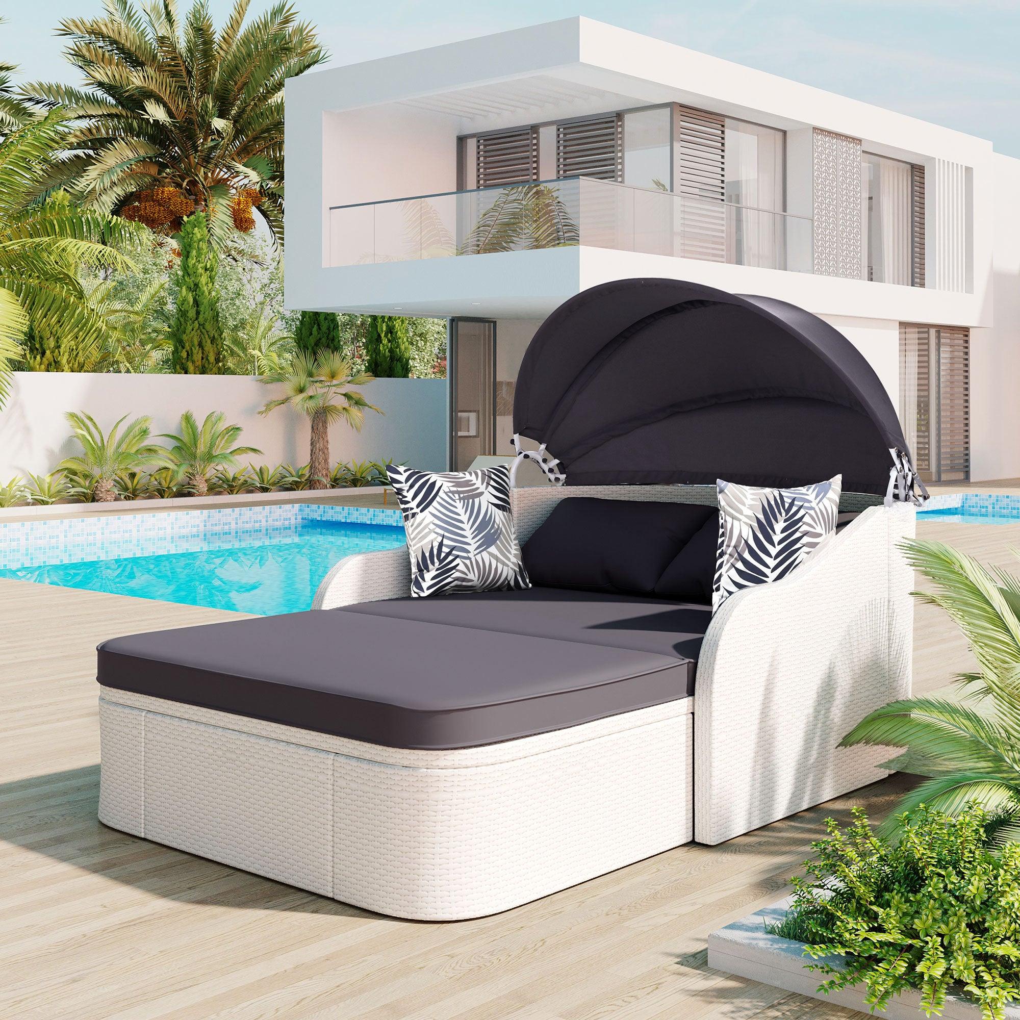 79.9" Outdoor Double Lounge Sunbed with Adjustable Canopy, White Wicker And Gray Cushion