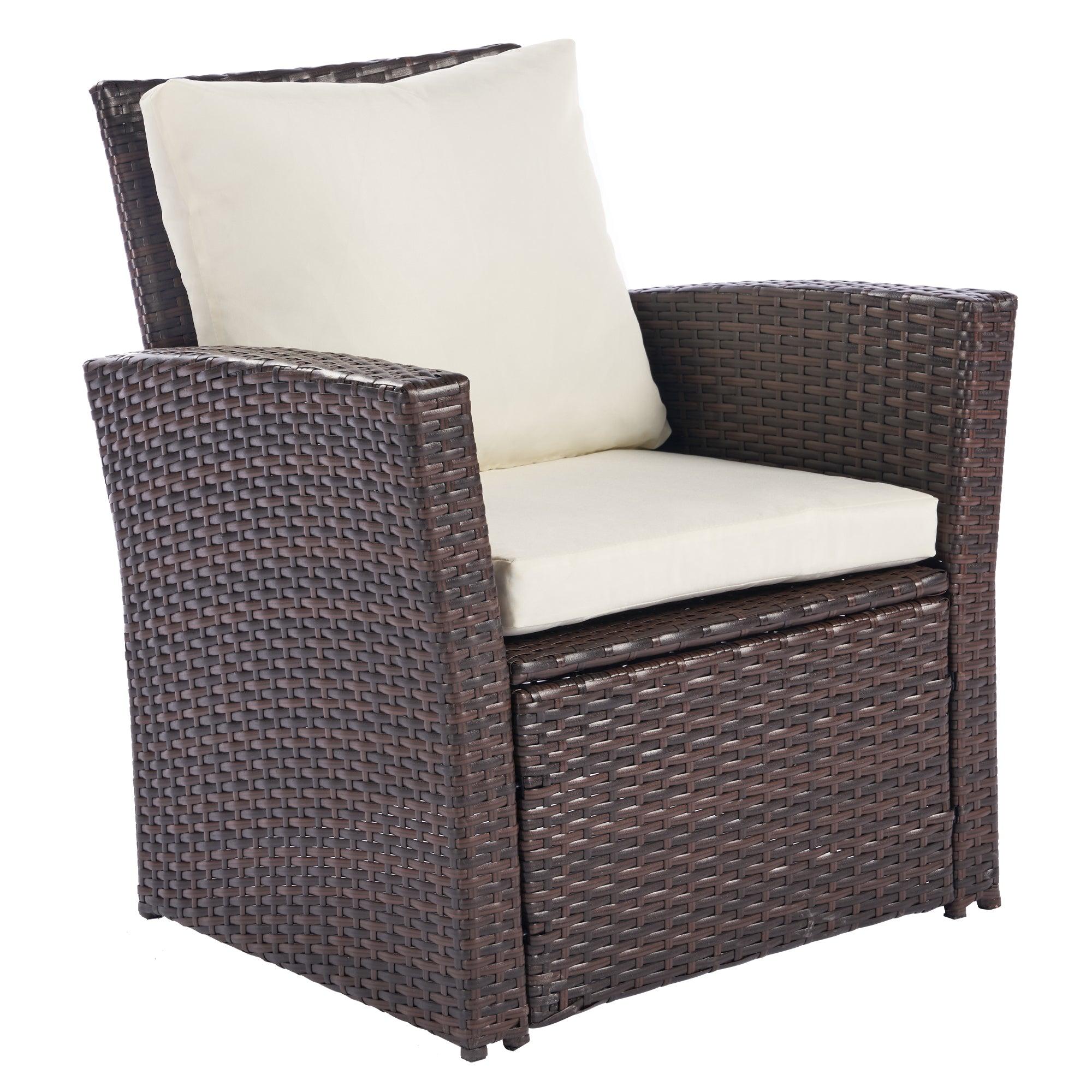 4 PCS Outdoor Patio Garden Rattan Furniture Set with Tempered Glass Coffee and Beige Cushion