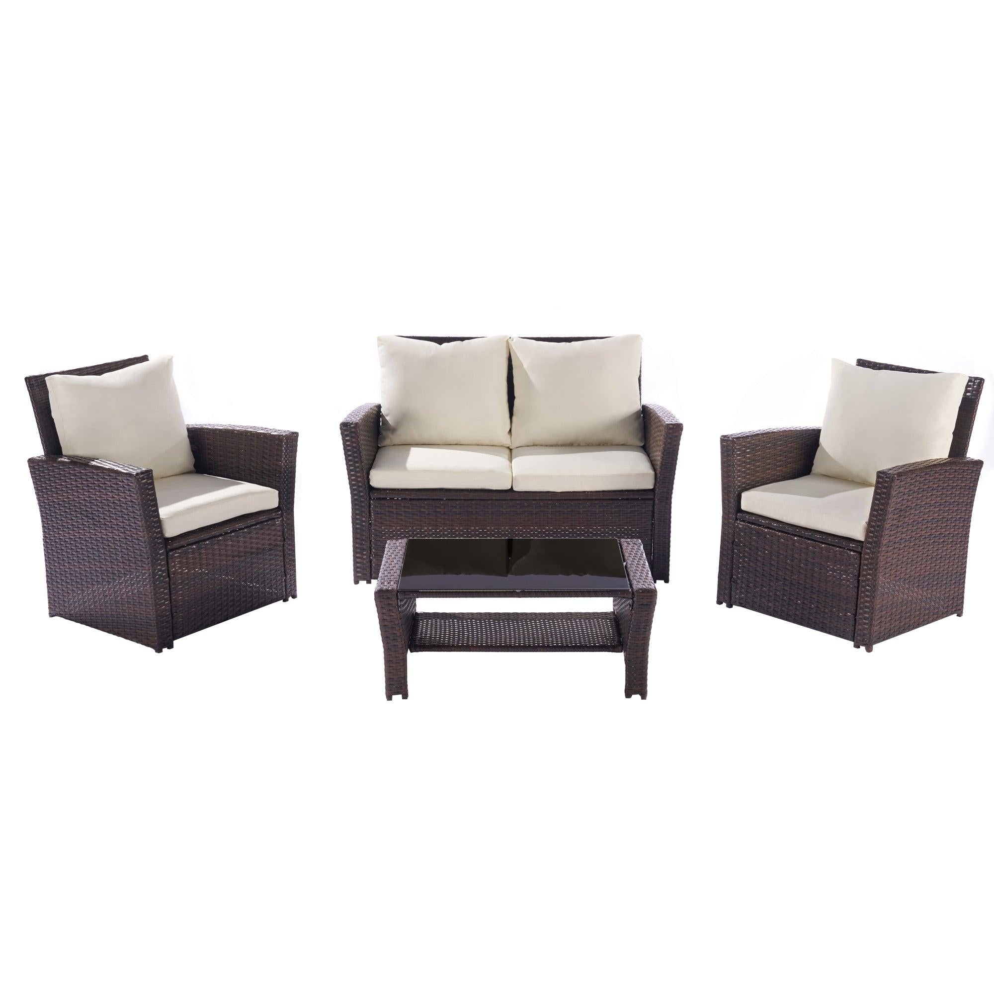 4 PCS Outdoor Patio Garden Rattan Furniture Set with Tempered Glass Coffee and Beige Cushion