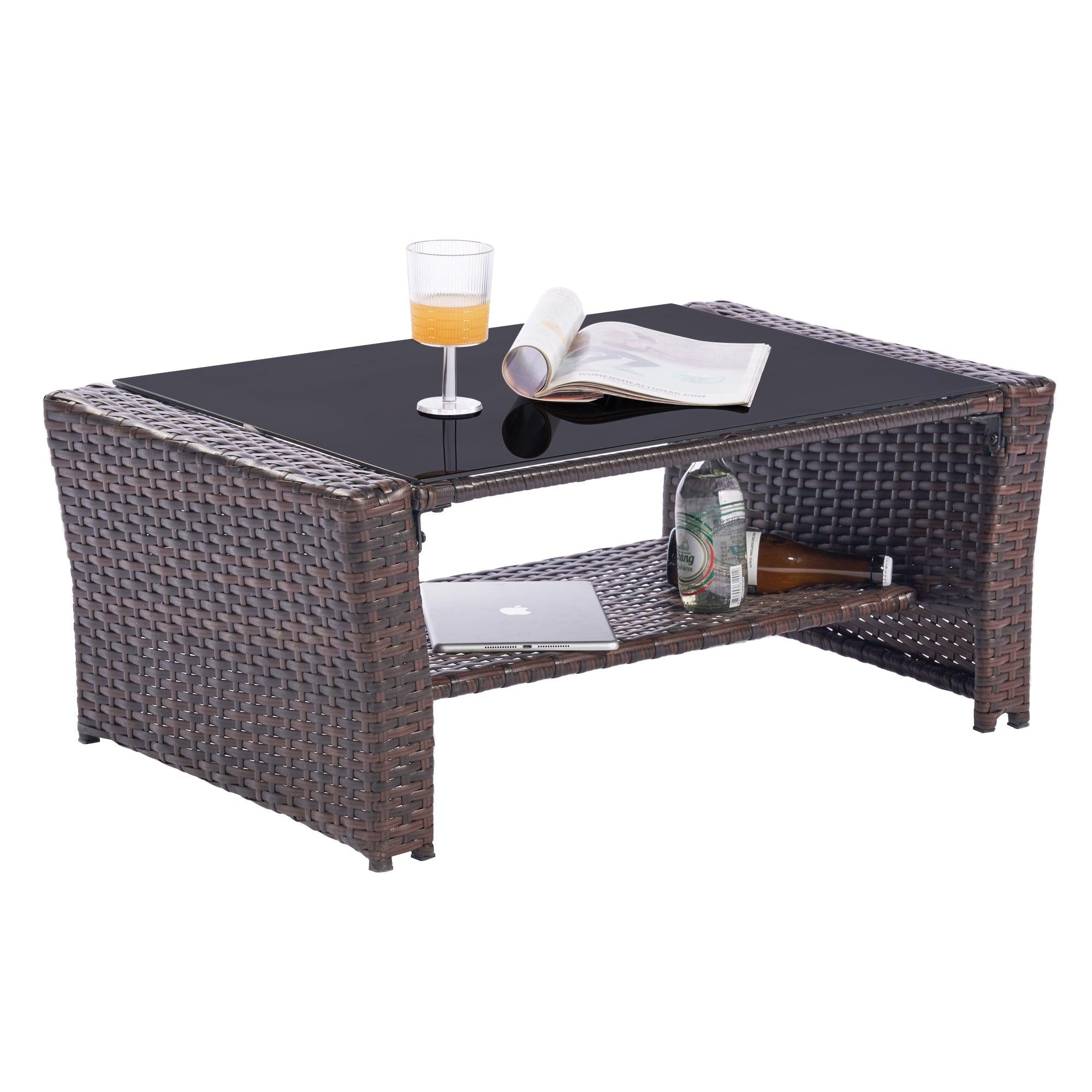 4 PCS Outdoor Patio Garden Rattan Furniture Set with Tempered Glass Coffee and Beige Cushion