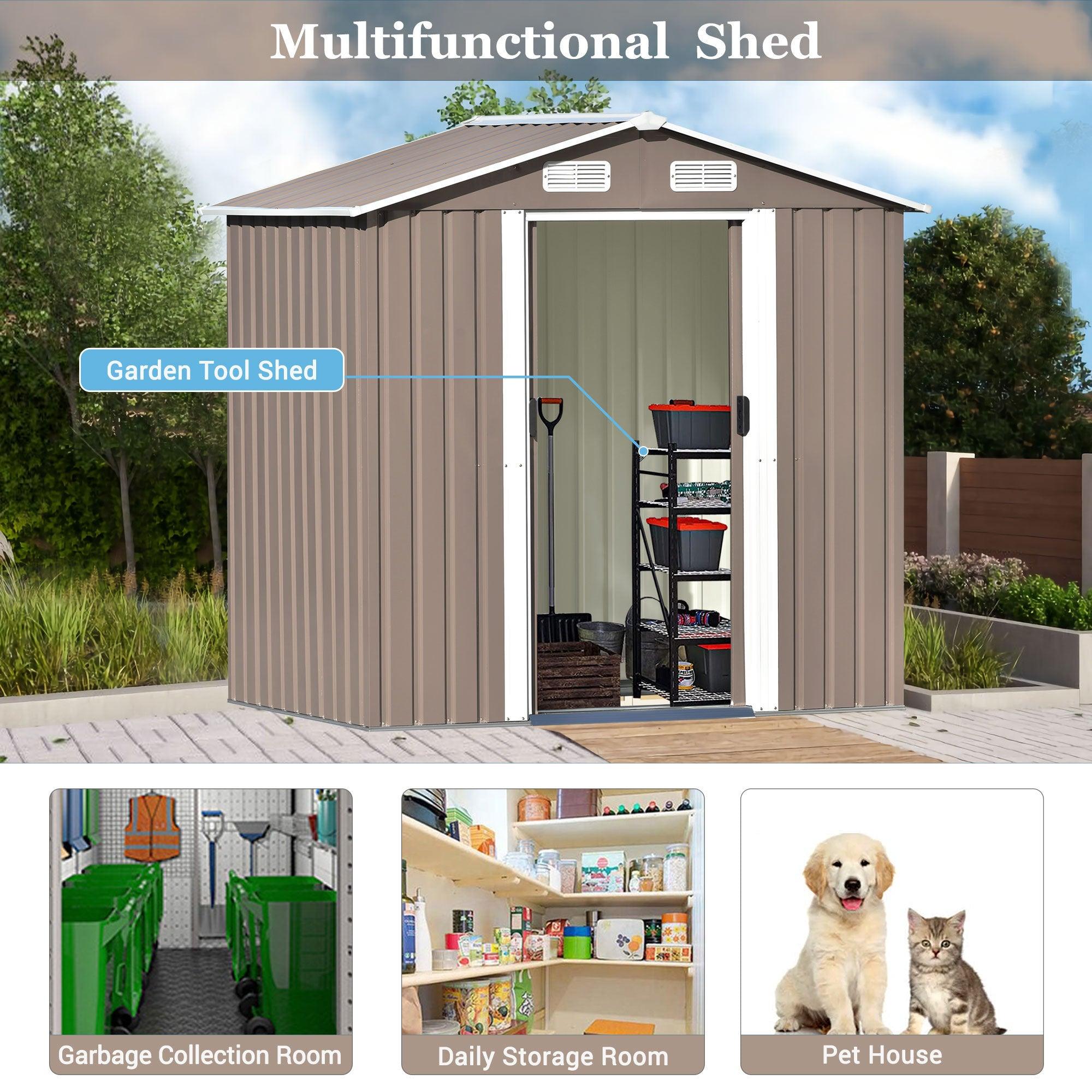 6ft x 4ft Outdoor Garden Metal Lean-to Shed with Lockable Door - Brown