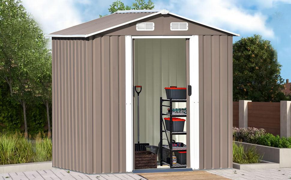 6ft x 4ft Outdoor Garden Metal Lean-to Shed with Lockable Door - Brown