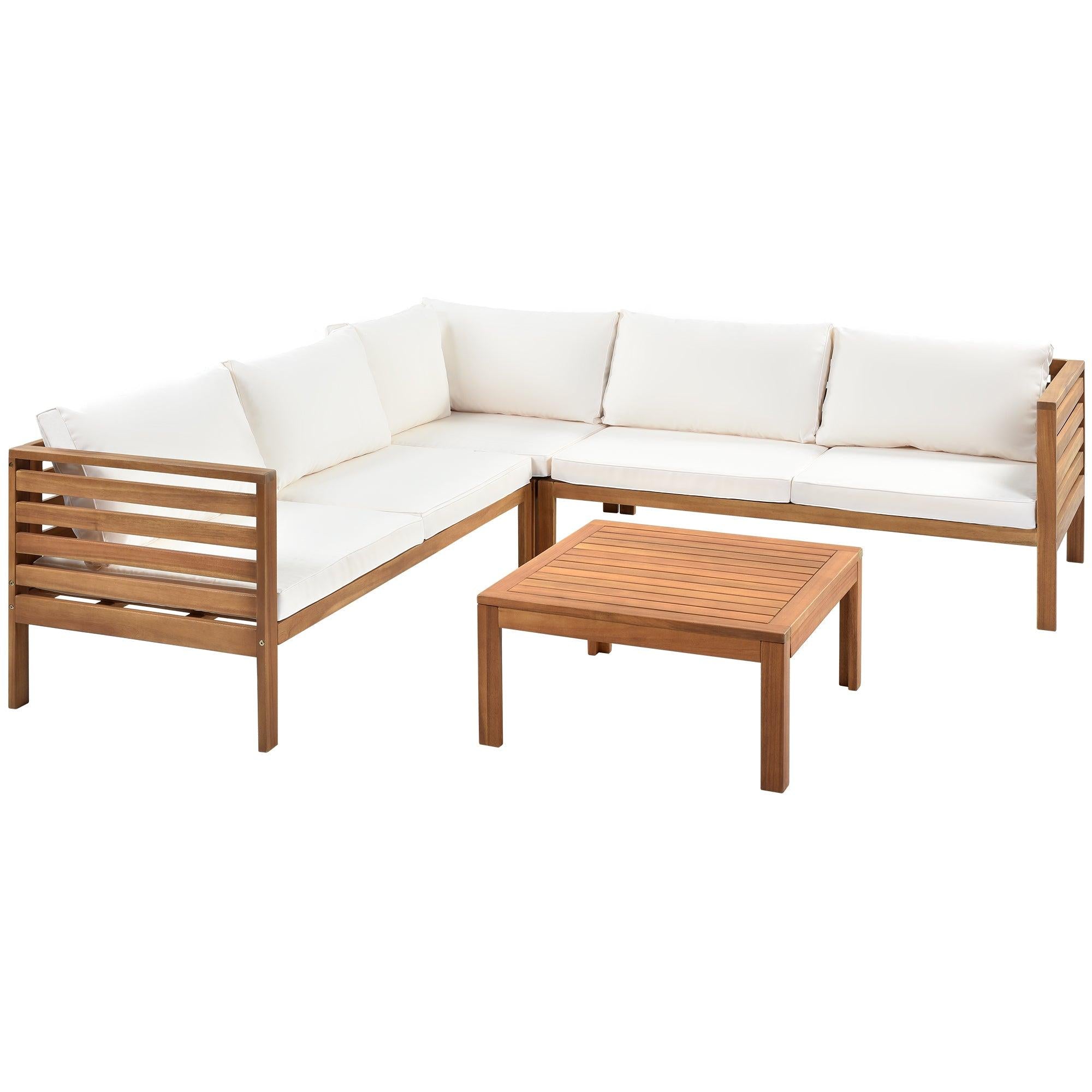 Wood Structure Outdoor Sofa Set with beige Cushions Exotic design Water-resistant and UV Protected texture Two-person Sofa One Corner Sofa plus One Coffee Table Strong Metal Accessories