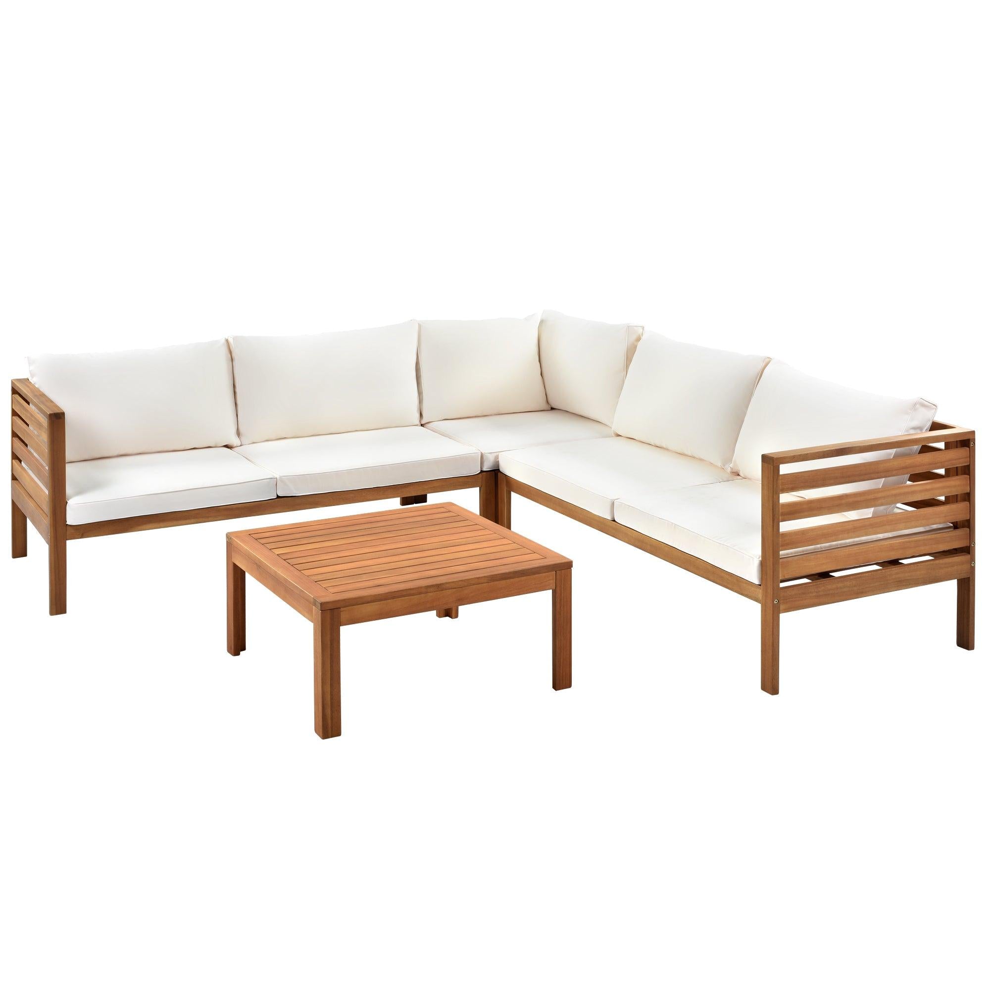 Wood Structure Outdoor Sofa Set with beige Cushions Exotic design Water-resistant and UV Protected texture Two-person Sofa One Corner Sofa plus One Coffee Table Strong Metal Accessories