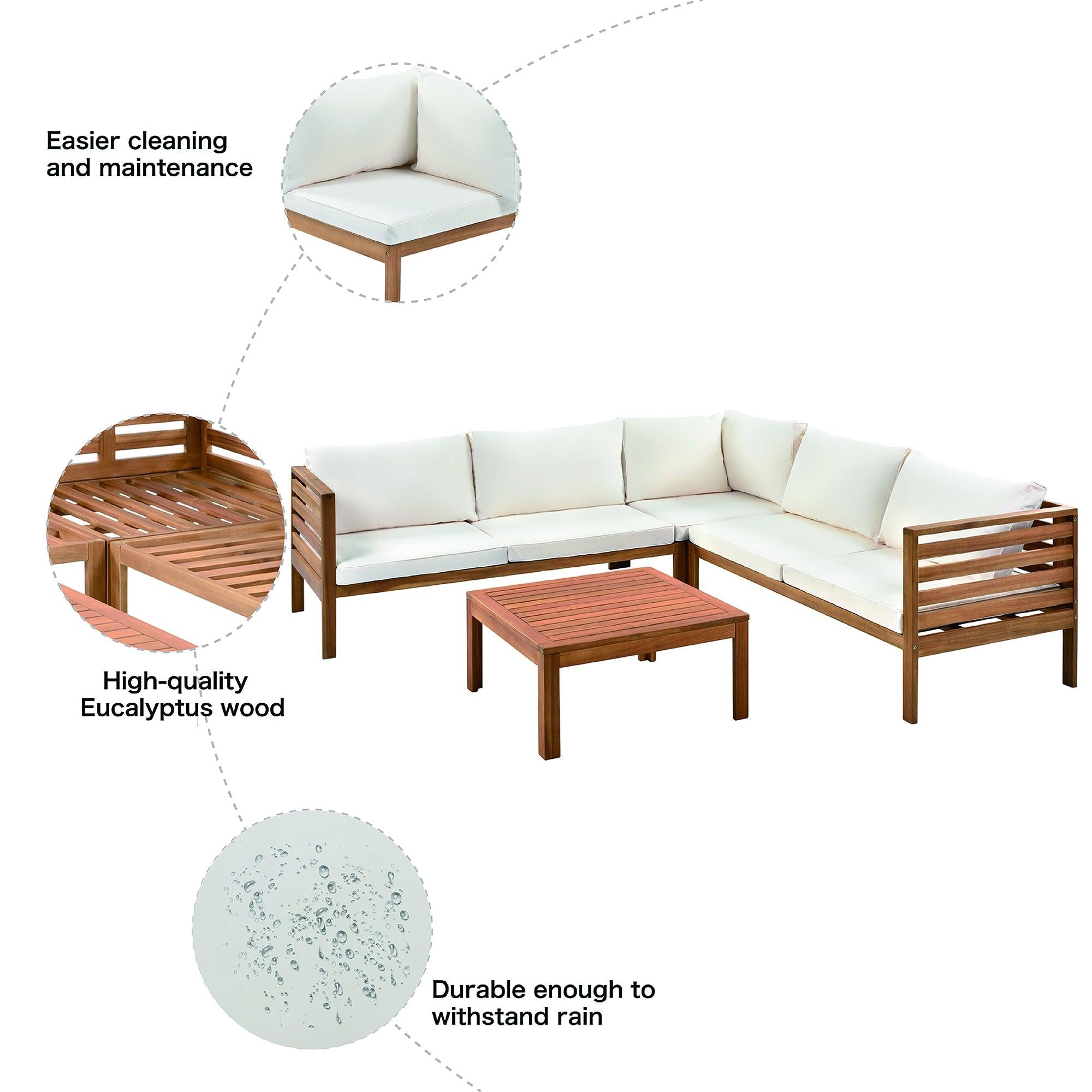 Wood Structure Outdoor Sofa Set with beige Cushions Exotic design Water-resistant and UV Protected texture Two-person Sofa One Corner Sofa plus One Coffee Table Strong Metal Accessories