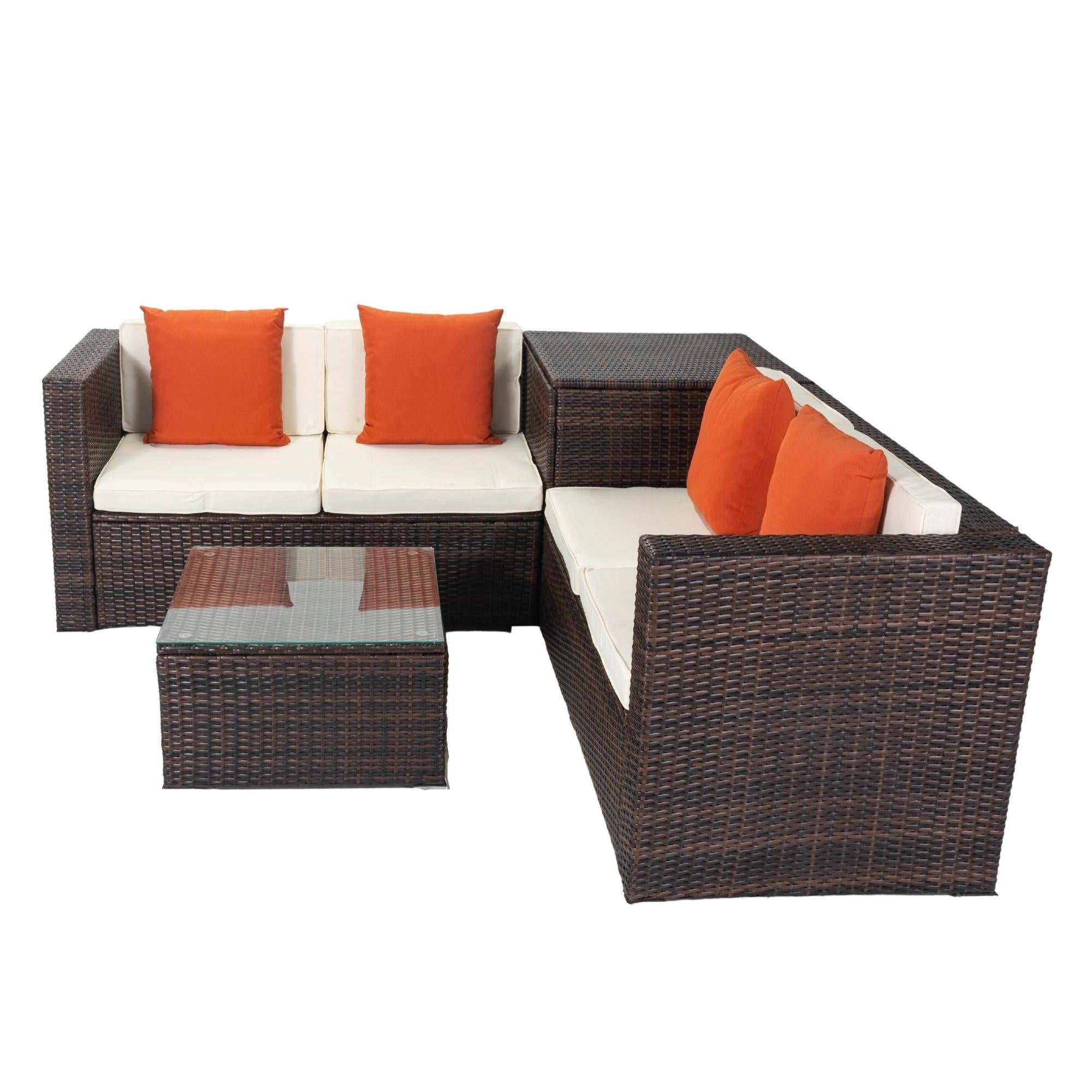 4 PCS Patio Sectional Wicker Rattan Outdoor Furniture Sofa Set withStorage Box