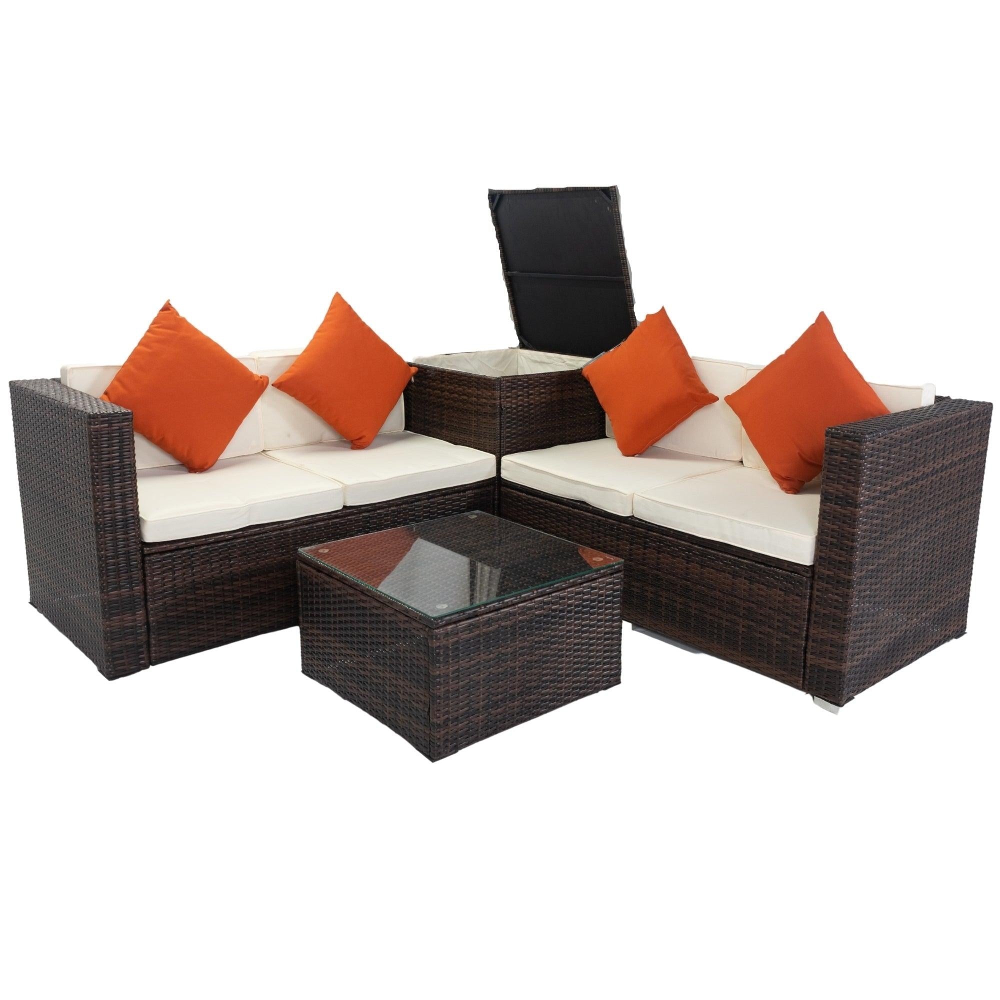 4 PCS Patio Sectional Wicker Rattan Outdoor Furniture Sofa Set withStorage Box