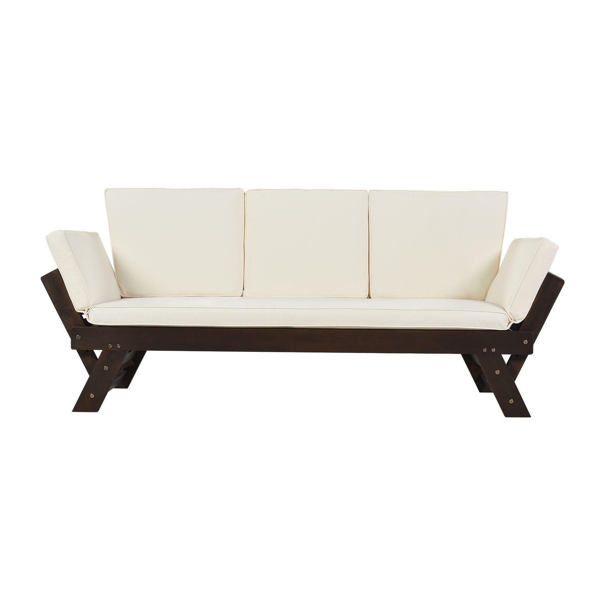 Outdoor Adjustable Patio Wooden Daybed Sofa Chaise Lounge with Cushions for Small Places, Brown FinishandBeige Cushion