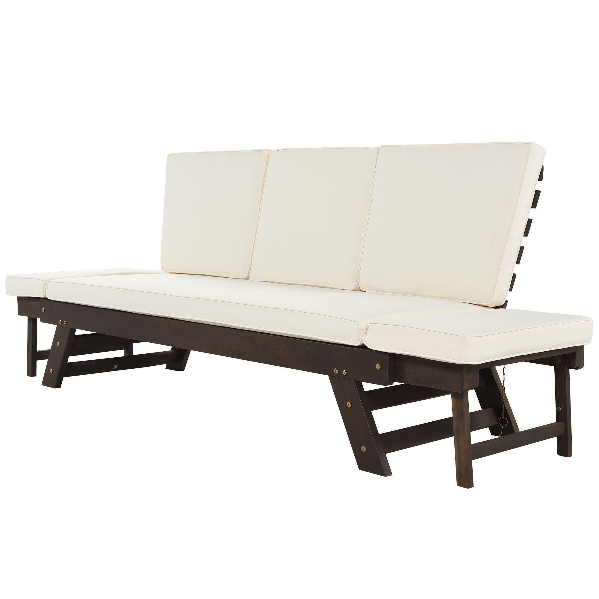 Outdoor Adjustable Patio Wooden Daybed Sofa Chaise Lounge with Cushions for Small Places, Brown FinishandBeige Cushion