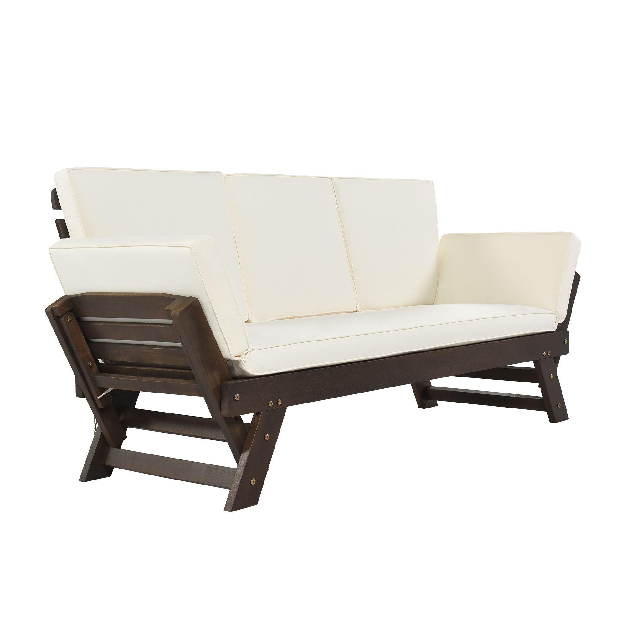 Outdoor Adjustable Patio Wooden Daybed Sofa Chaise Lounge with Cushions for Small Places, Brown FinishandBeige Cushion