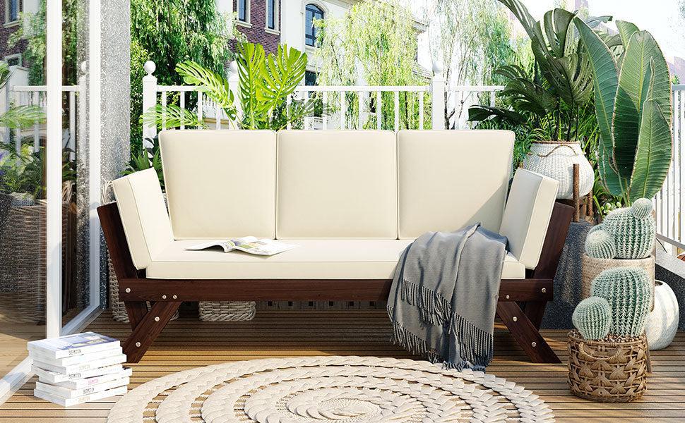 Outdoor Adjustable Patio Wooden Daybed Sofa Chaise Lounge with Cushions for Small Places, Brown FinishandBeige Cushion