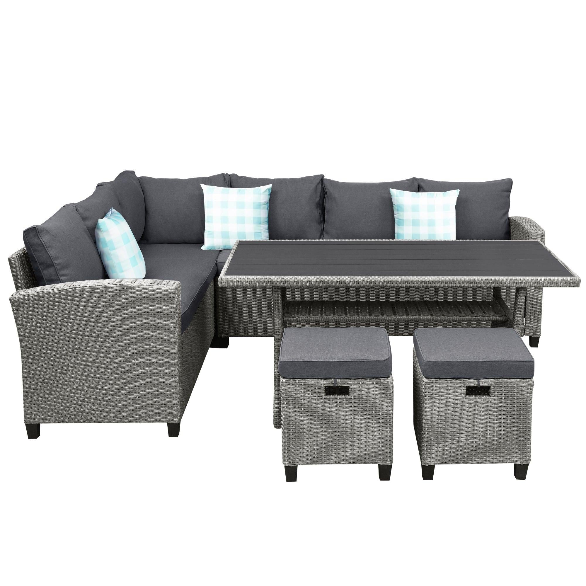 5 PCS Outdoor Rattan Furniture Set, Dining Table with Sofas, Ottoman, Gray Cushions and Throw Pillows