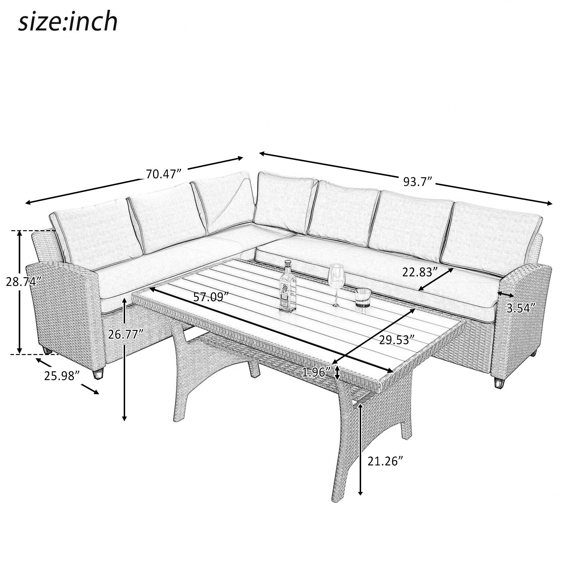 5 PCS Outdoor Rattan Furniture Set, Dining Table with Sofas, Ottoman, Beige Cushions and Throw Pillows