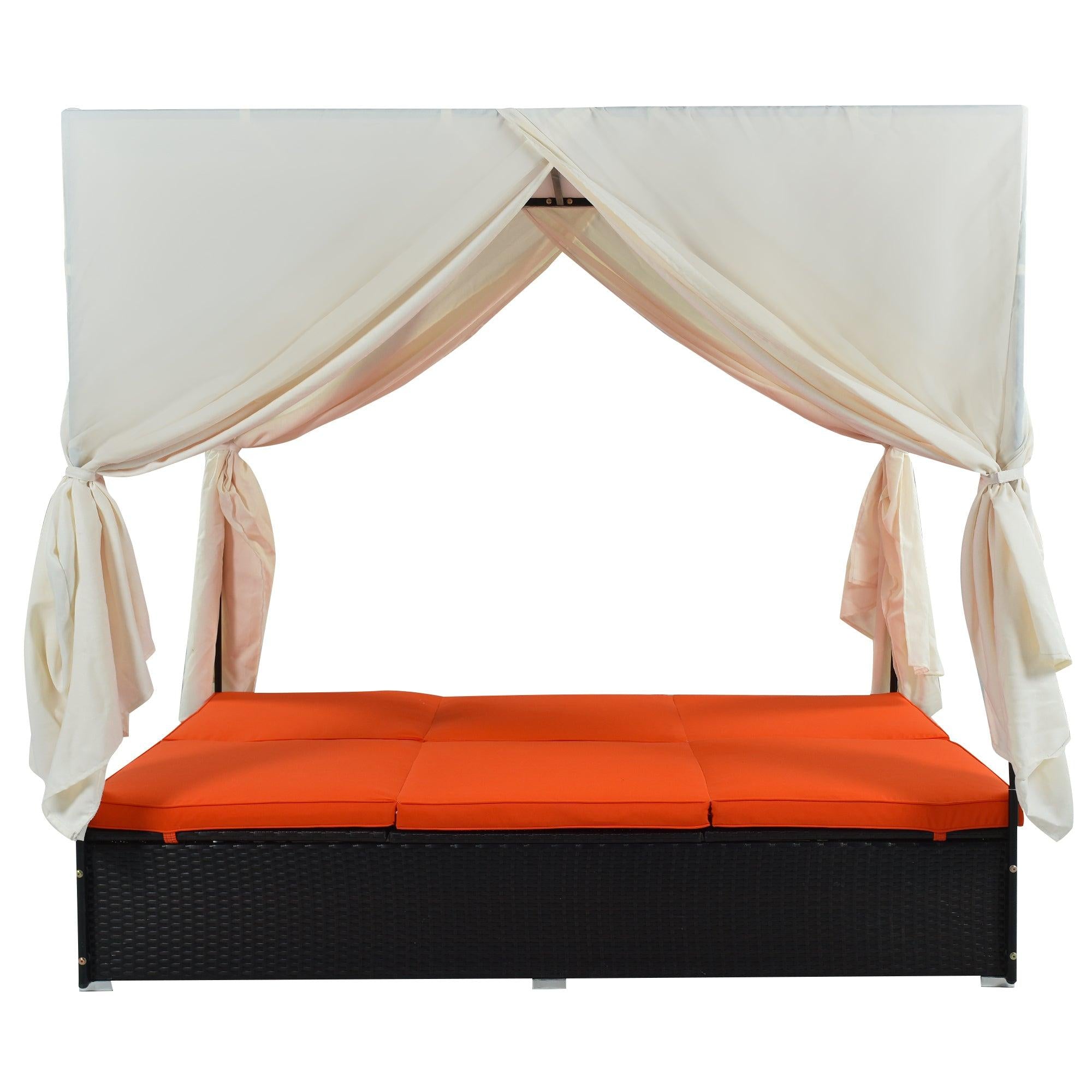 Outdoor Patio Wicker Sunbed Daybed with Cushions and Adjustable Seats - Orange Cushions