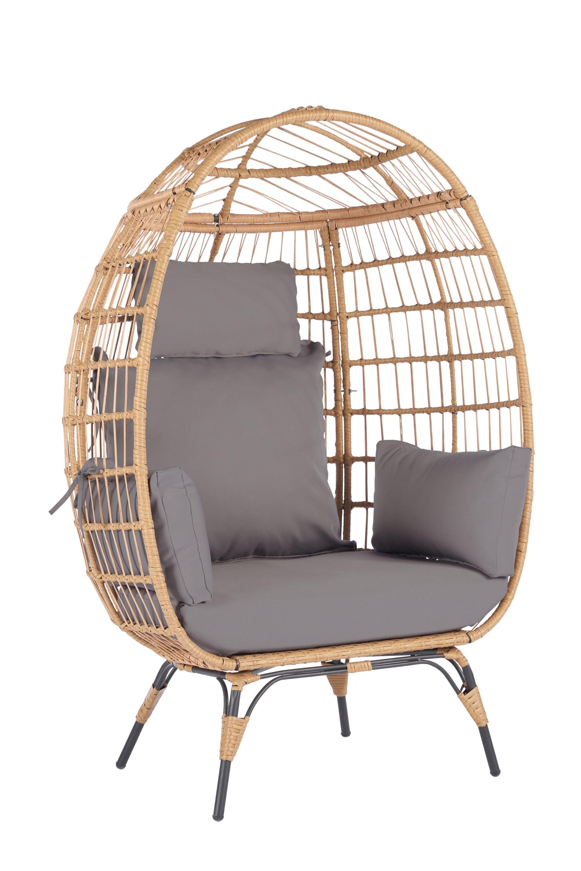 Wicker Egg Chair, Oversized Indoor Outdoor Lounger for Patio, Backyard, Living Room w/ 5 Cushions, Steel Frame, 440lb Capacity - Light Grey