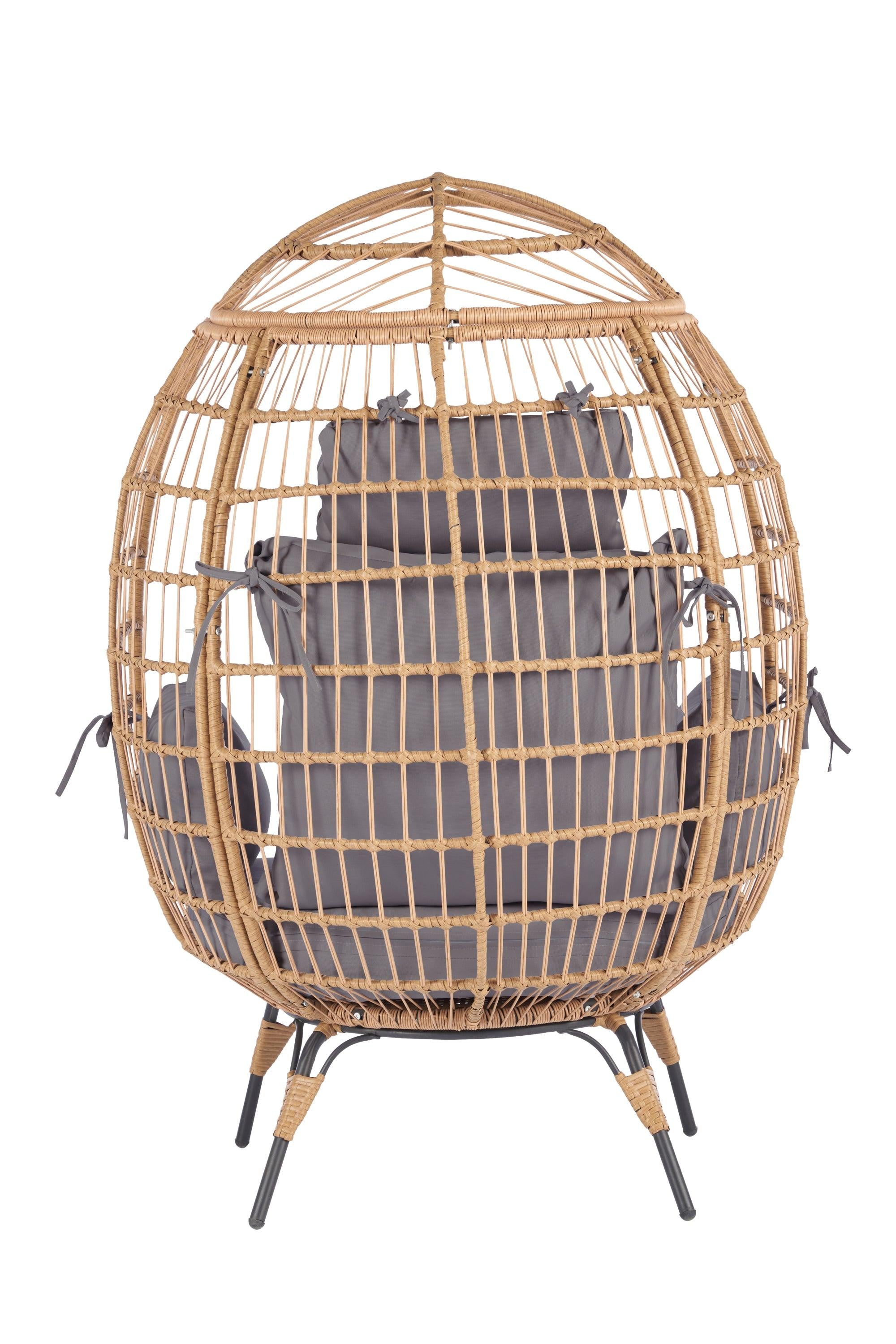 Wicker Egg Chair, Oversized Indoor Outdoor Lounger for Patio, Backyard, Living Room w/ 5 Cushions, Steel Frame, 440lb Capacity - Light Grey