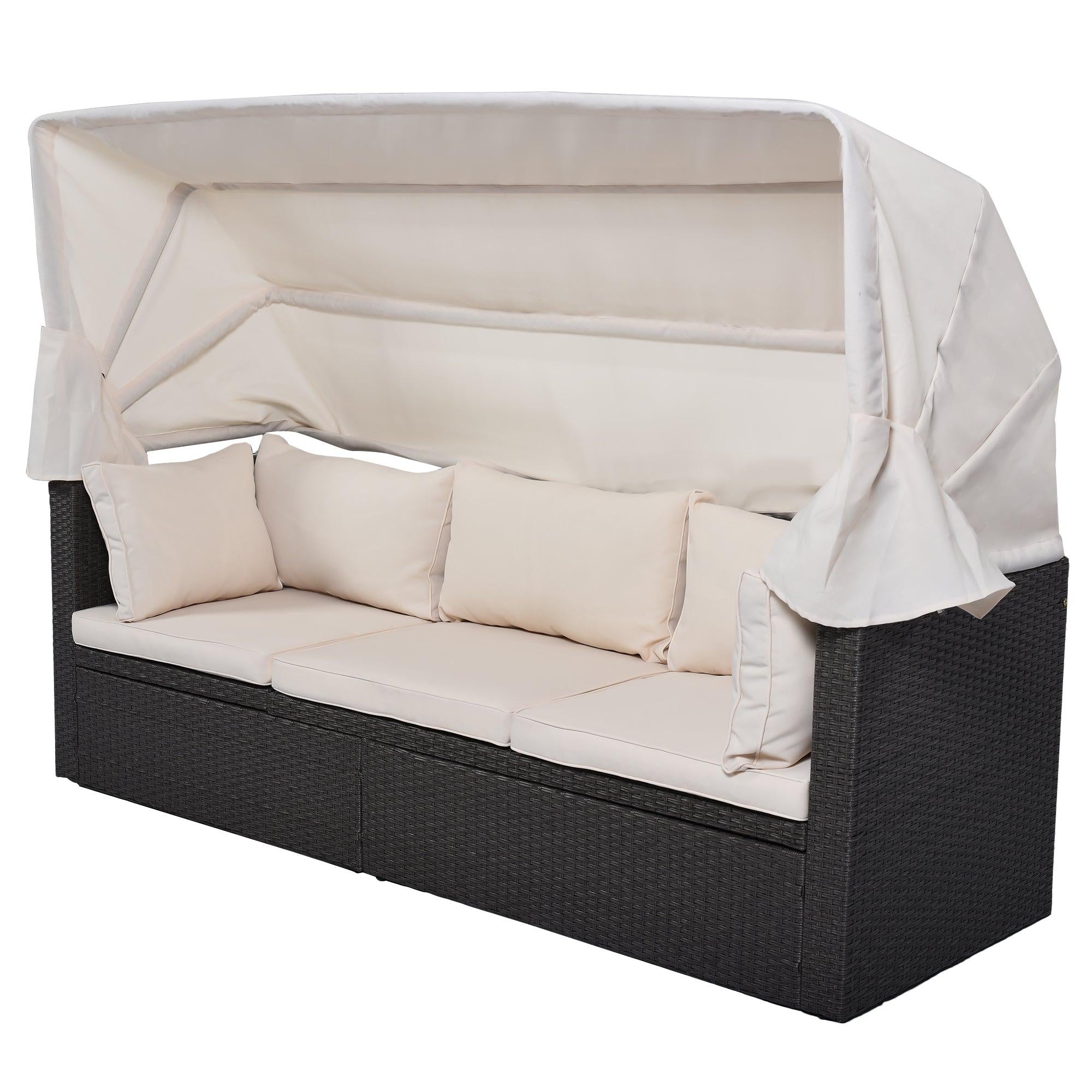 Outdoor Patio Wicker Rattan Rectangle Daybed and Adjustable Canopy with Lifted Table, Ottoman and Beige Cushion