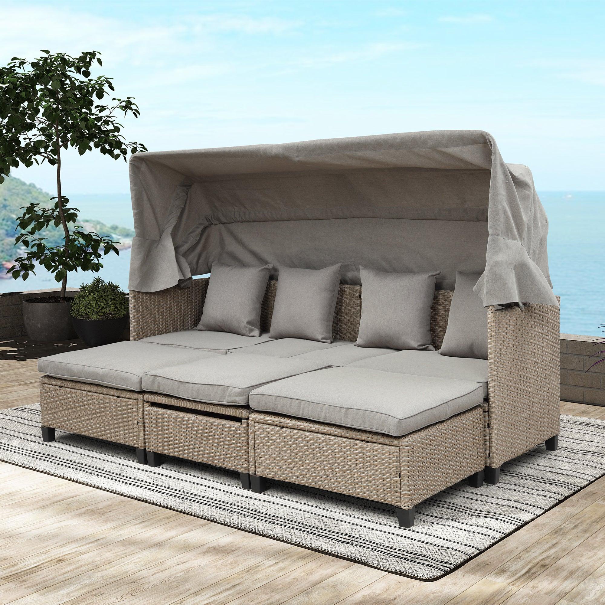 4 PCS UV-Resistant Resin Wicker Patio Sofa Set with Retractable Canopy, Cushions and Lifting Table - Brown