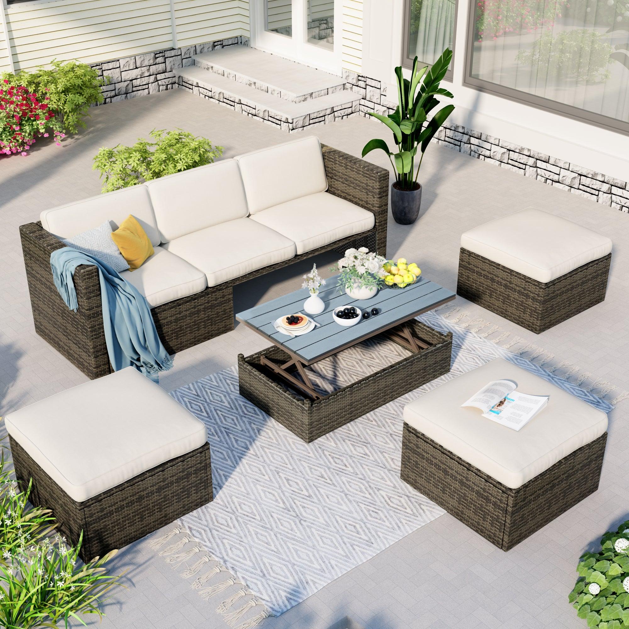 Patio Furniture Sets, 5 PCS Patio Wicker Sofa with Adustable Backrest, Cushions, Ottomans and Lift Top Coffee Table image