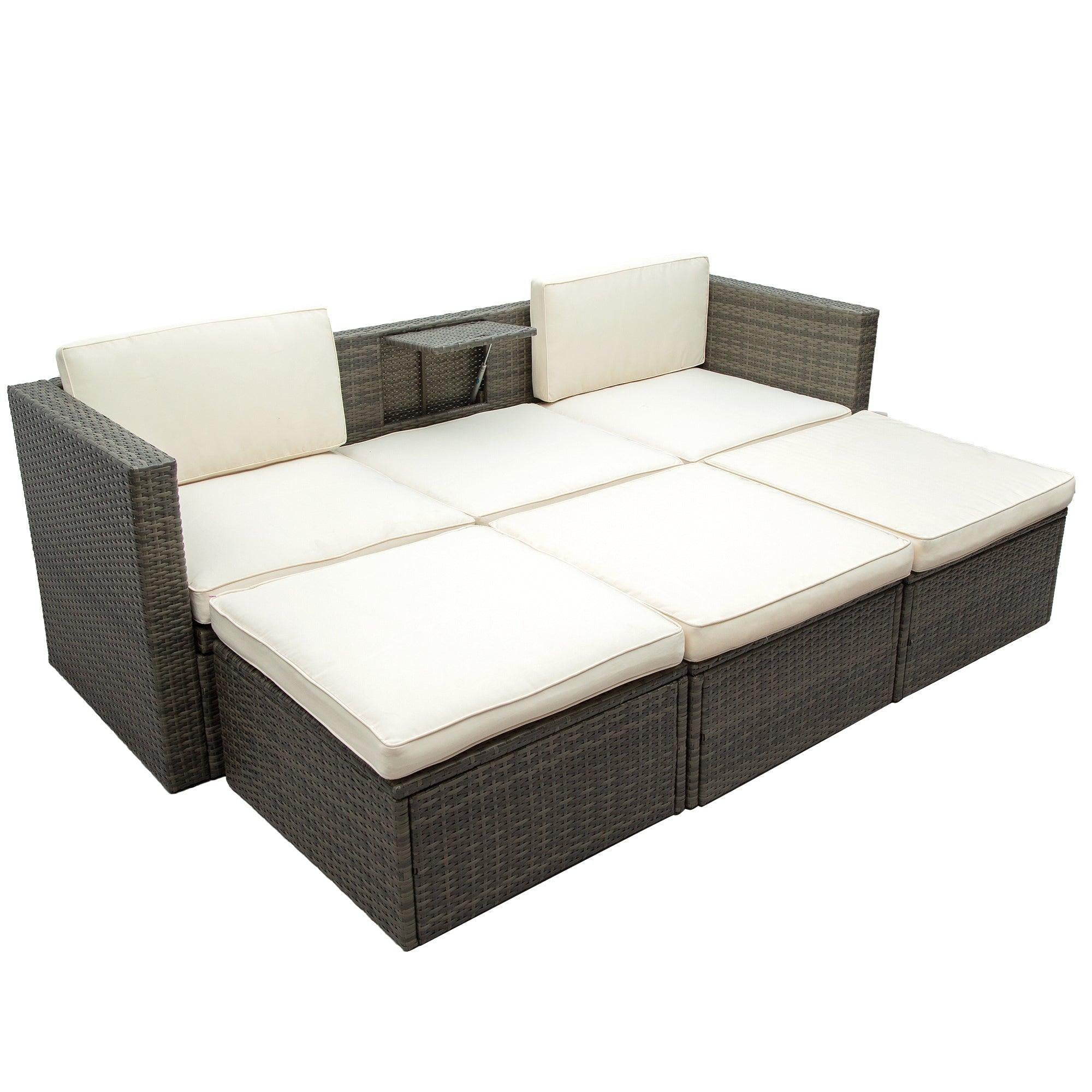 Patio Furniture Sets, 5 PCS Patio Wicker Sofa with Adustable Backrest, Cushions, Ottomans and Lift Top Coffee Table