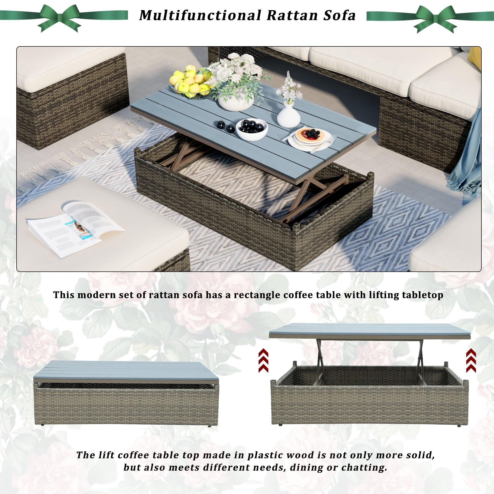 Patio Furniture Sets, 5 PCS Patio Wicker Sofa with Adustable Backrest, Cushions, Ottomans and Lift Top Coffee Table