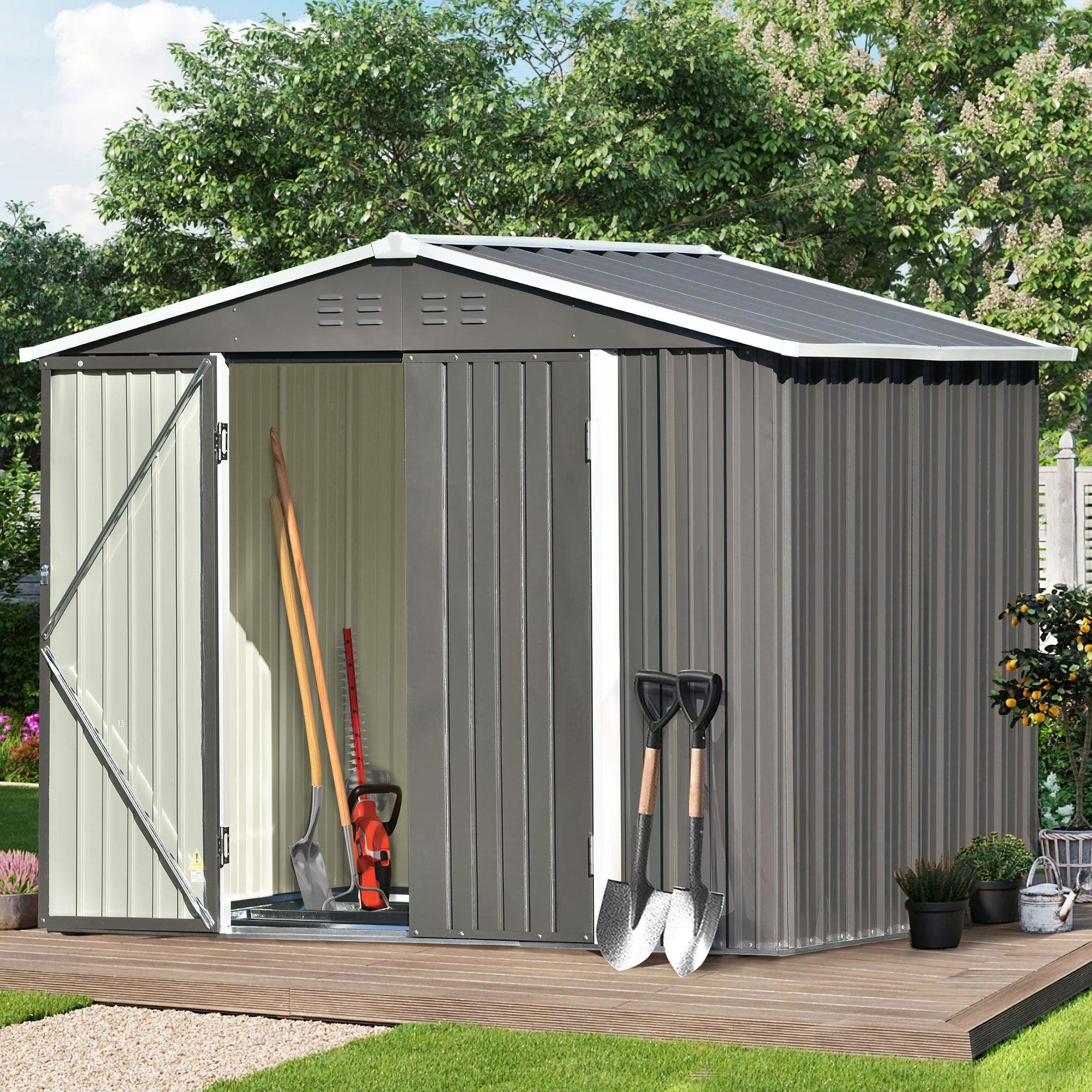 8ft x 6ft Outdoor Garden Metal Lean-to Shed with Lockable Doors - Gray