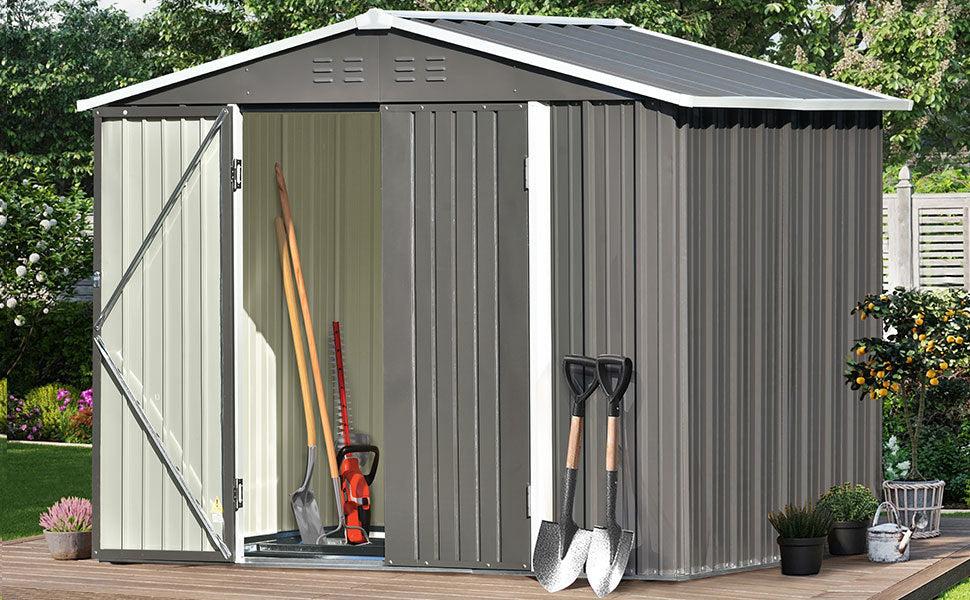 8ft x 6ft Outdoor Garden Metal Lean-to Shed with Lockable Doors - Gray