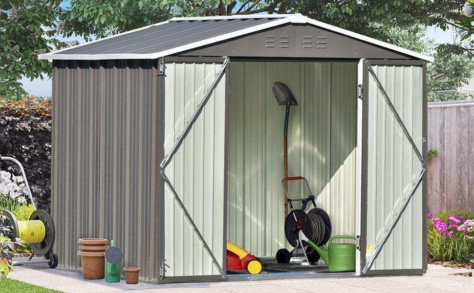 8ft x 6ft Outdoor Garden Metal Lean-to Shed with Lockable Doors - Gray