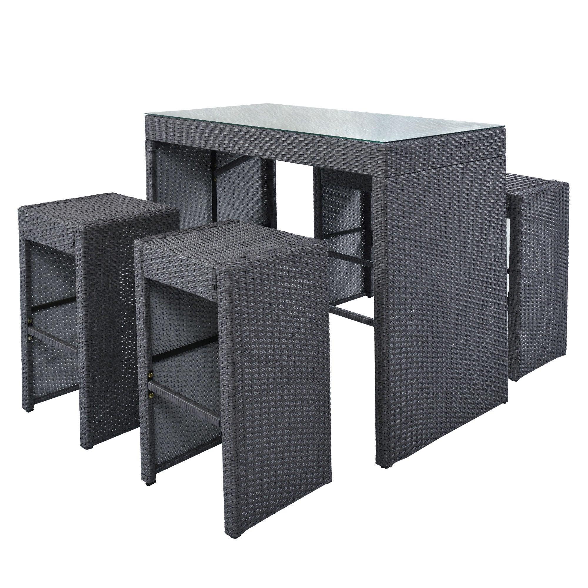 5 PCS Rattan Outdoor Patio Furniture Set Bar Dining Table Set with 4 Stools, Gray CushionandGray Wicker