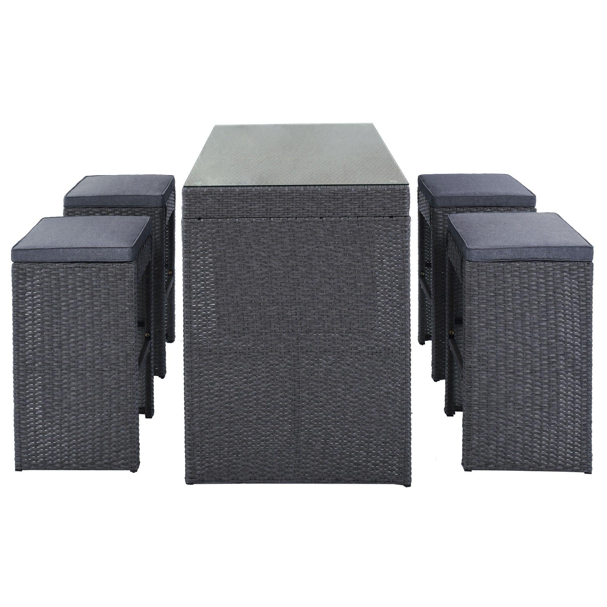 5 PCS Rattan Outdoor Patio Furniture Set Bar Dining Table Set with 4 Stools, Gray CushionandGray Wicker