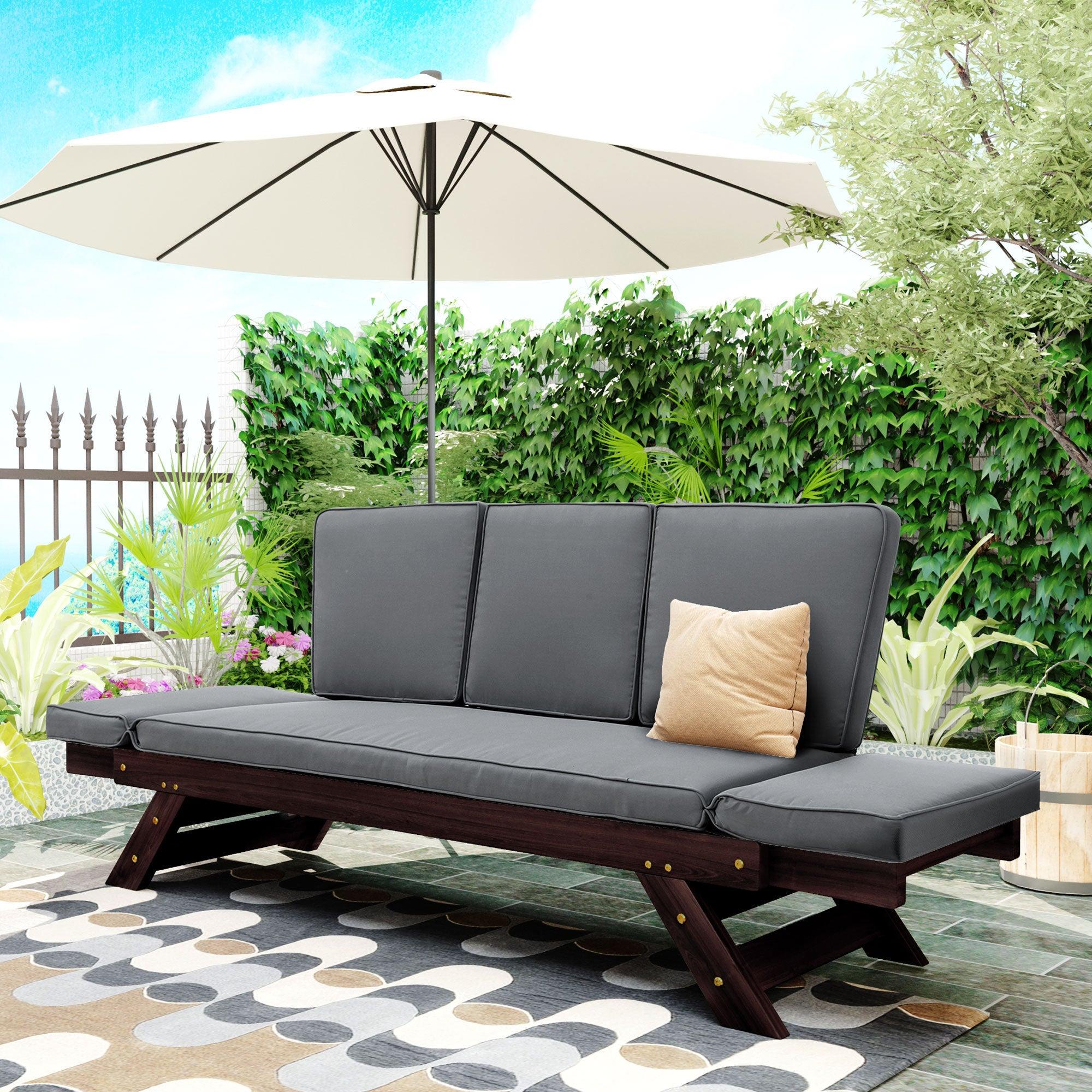 Outdoor Adjustable Patio Wooden Daybed Sofa Chaise Lounge with Cushions for Small Places, Brown FinishandGray Cushion