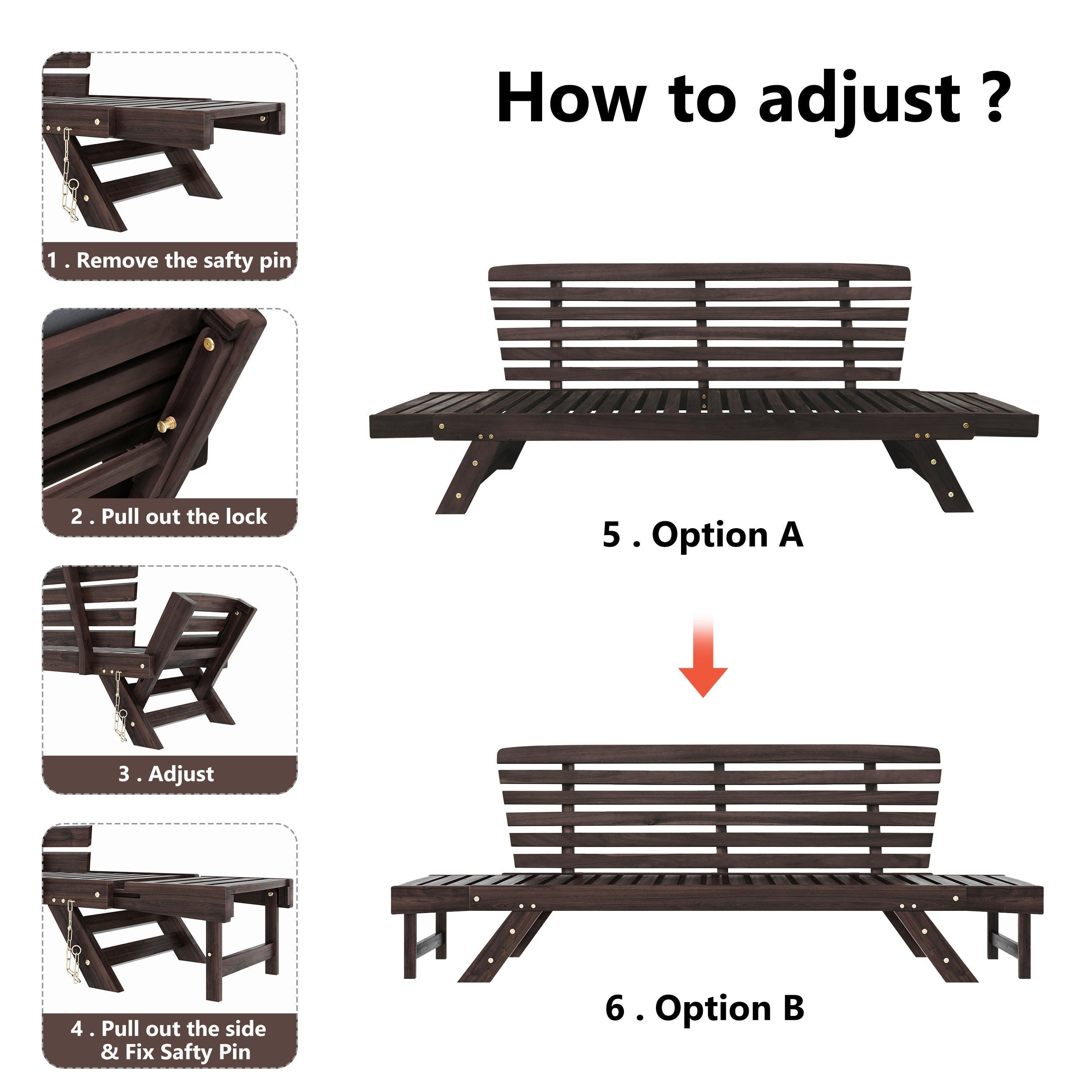 Outdoor Adjustable Patio Wooden Daybed Sofa Chaise Lounge with Cushions for Small Places, Brown FinishandBeige Cushion