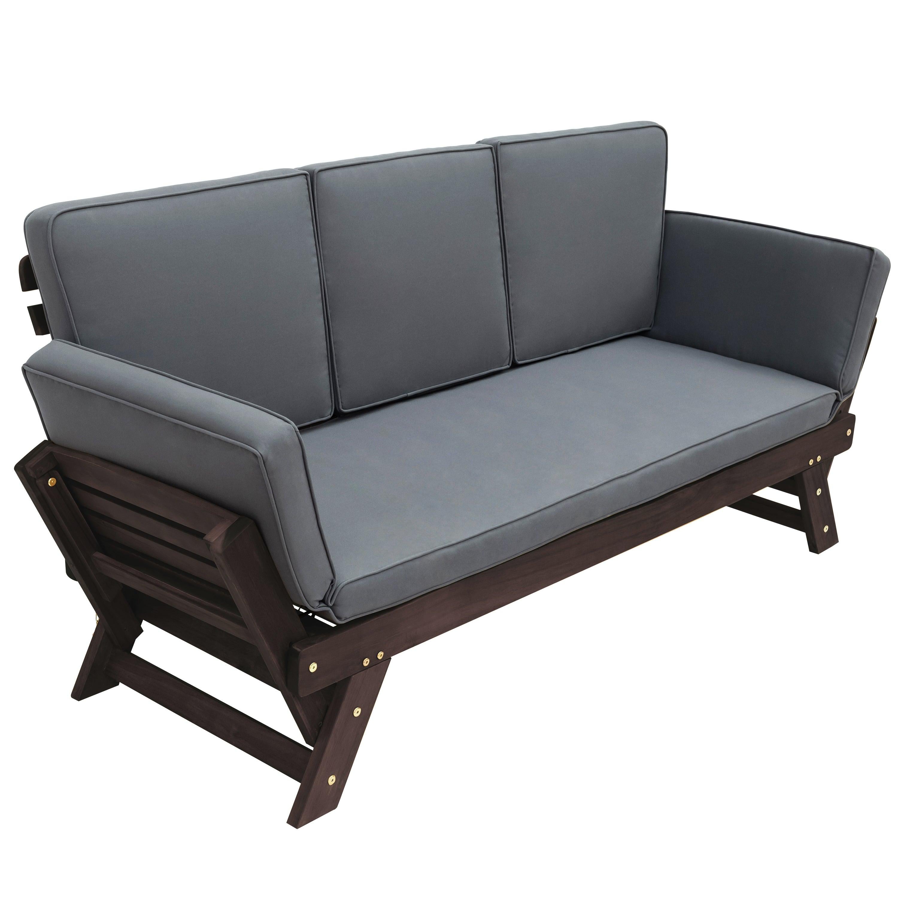 Outdoor Adjustable Patio Wooden Daybed Sofa Chaise Lounge with Cushions for Small Places, Brown FinishandGray Cushion