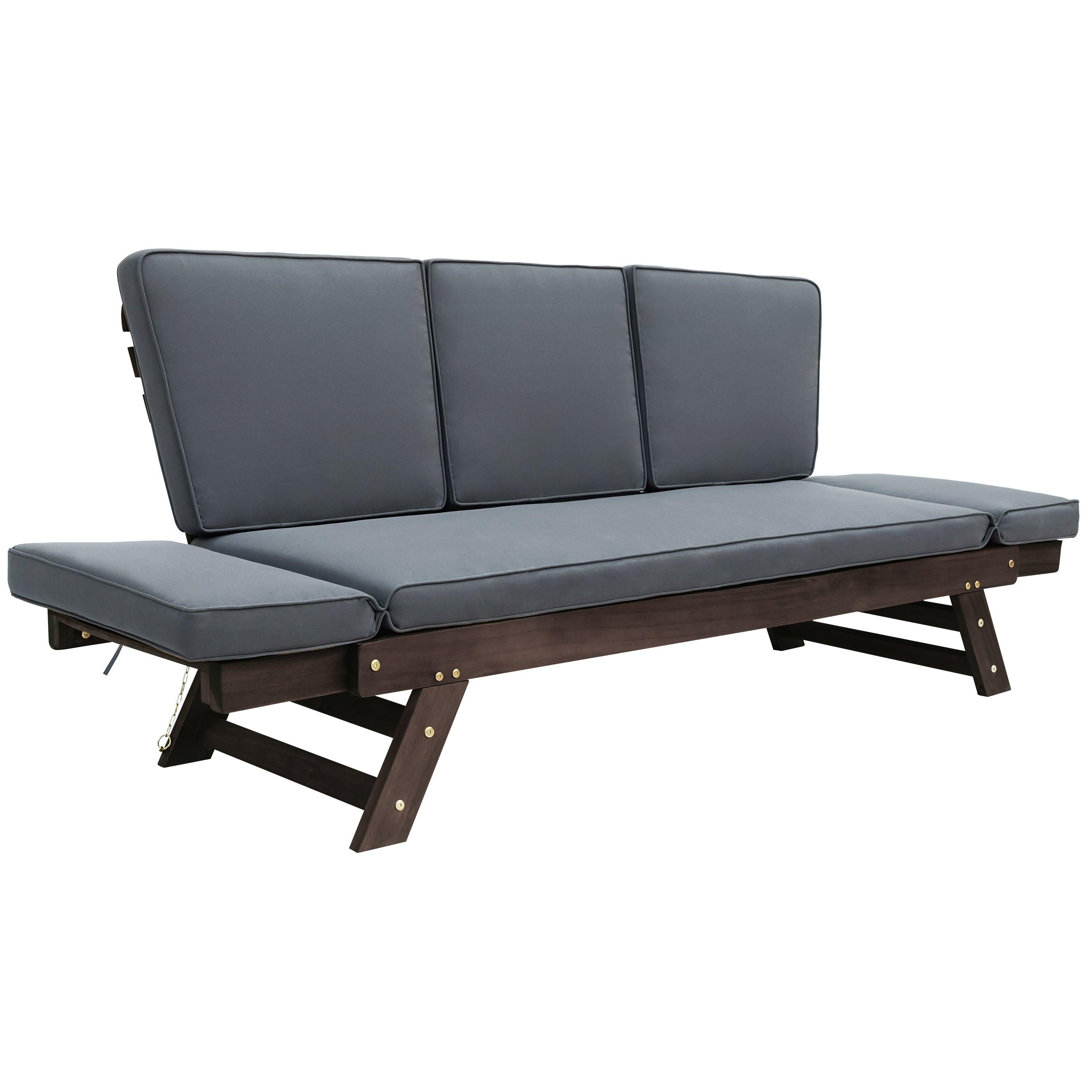 Outdoor Adjustable Patio Wooden Daybed Sofa Chaise Lounge with Cushions for Small Places, Brown FinishandGray Cushion