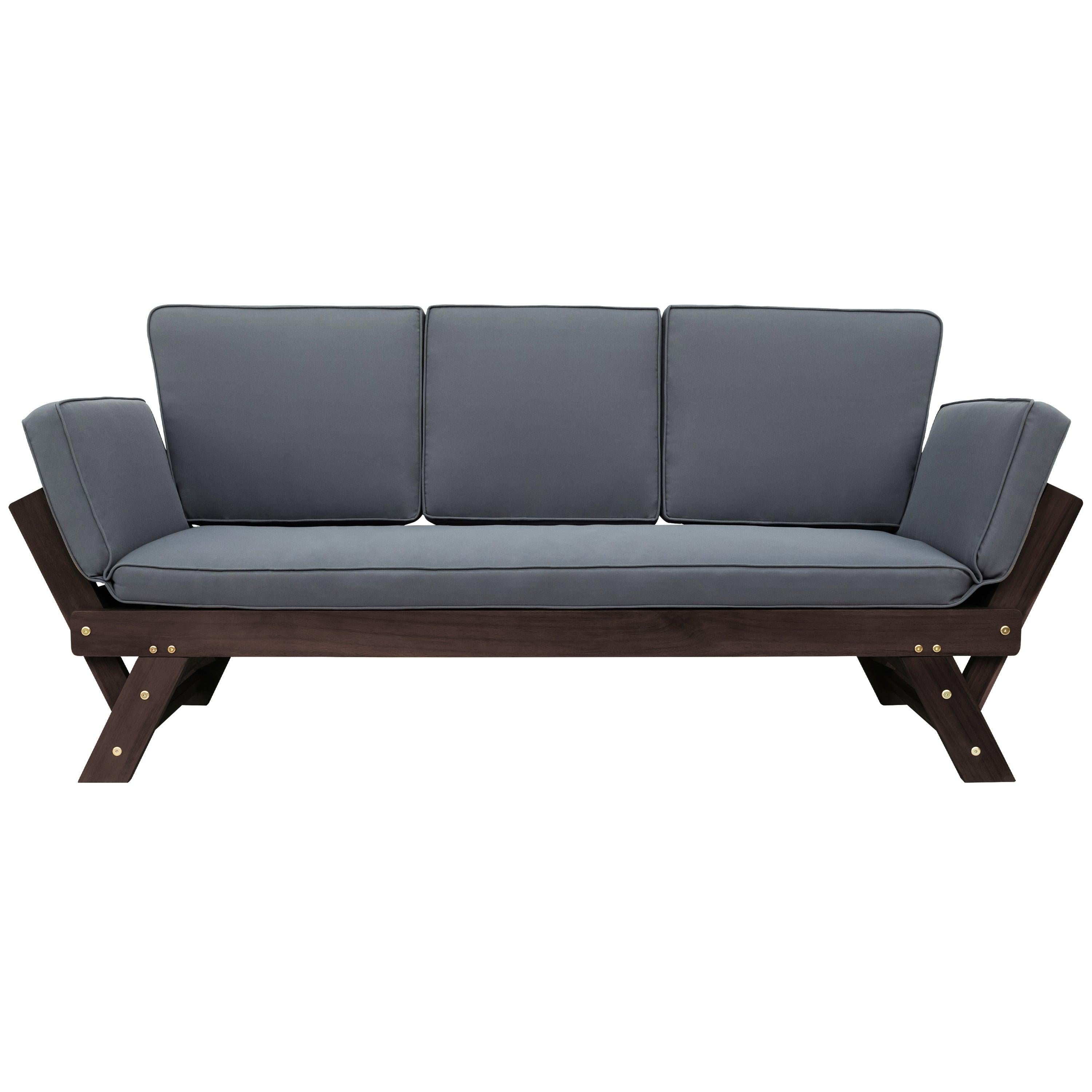 Outdoor Adjustable Patio Wooden Daybed Sofa Chaise Lounge with Cushions for Small Places, Brown FinishandGray Cushion